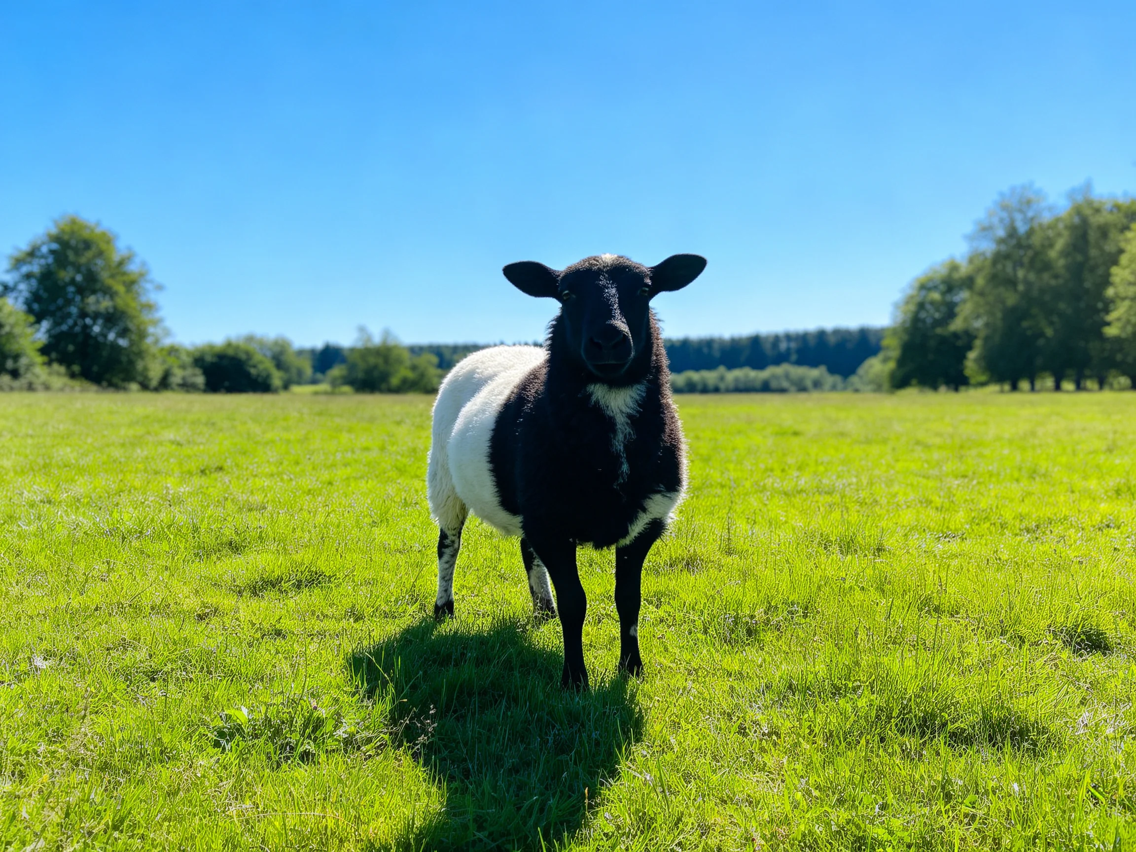 A black-and-white sheep stands alone in a sunny green meadow.