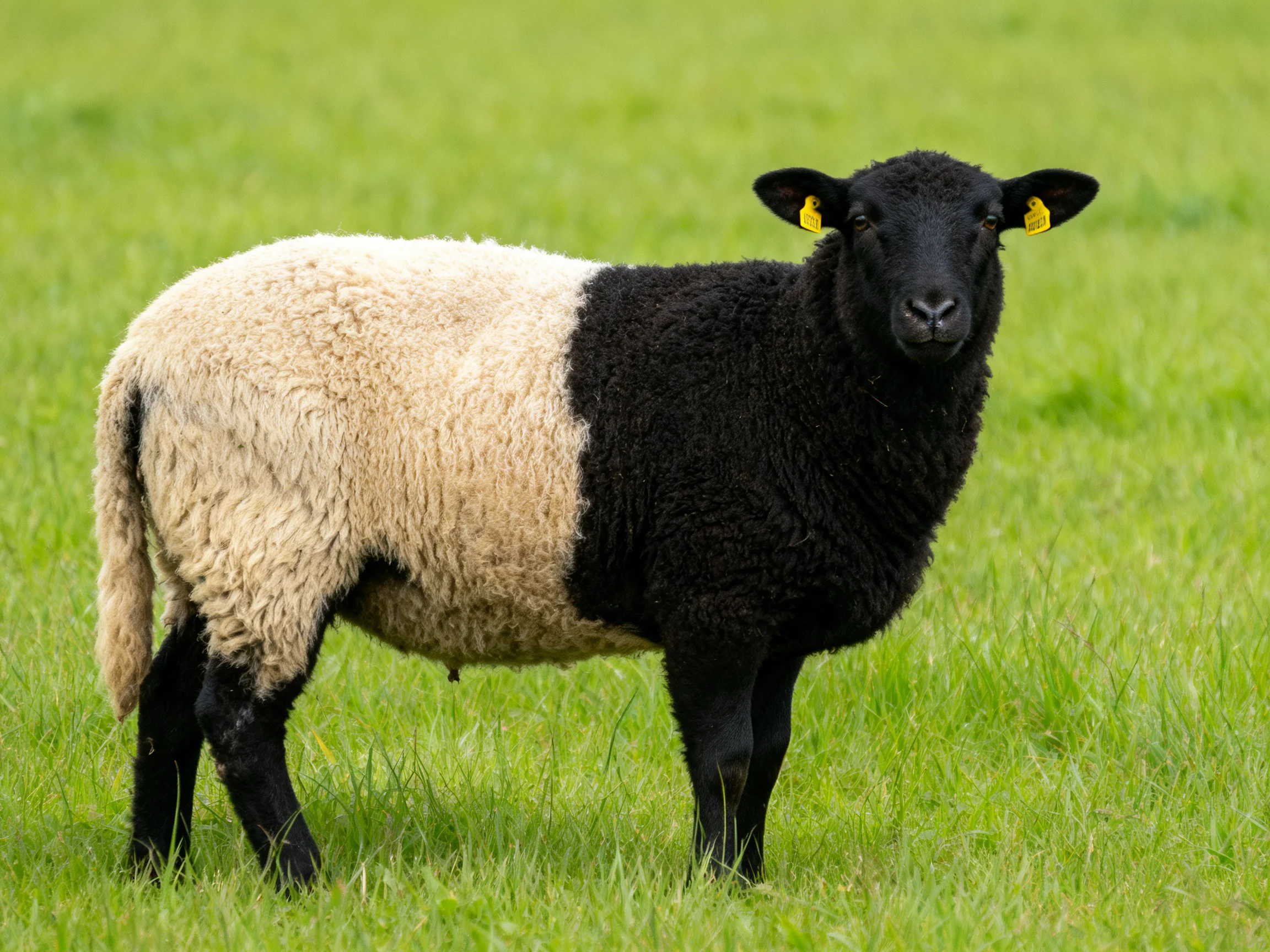 A black-and-white sheep stands in lush green grass