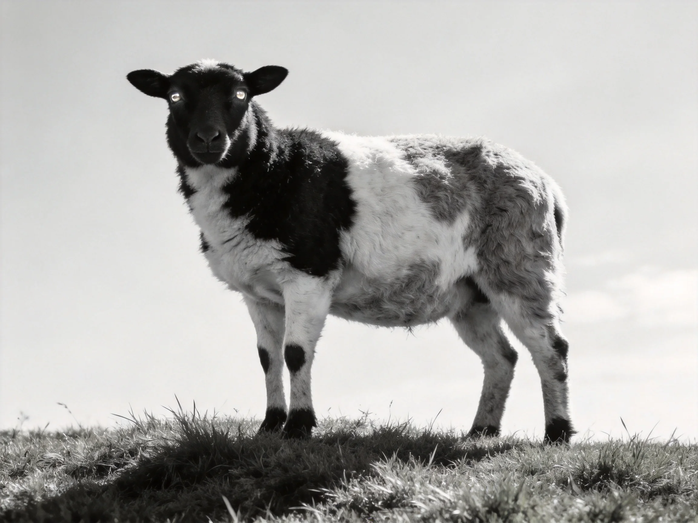 A black and white sheep stands on a grassy hill with distinct markings