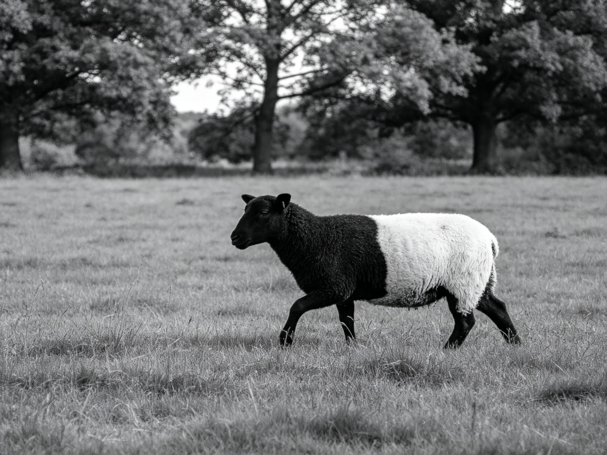 A black-and-white sheep trotting across a grassy field near large trees