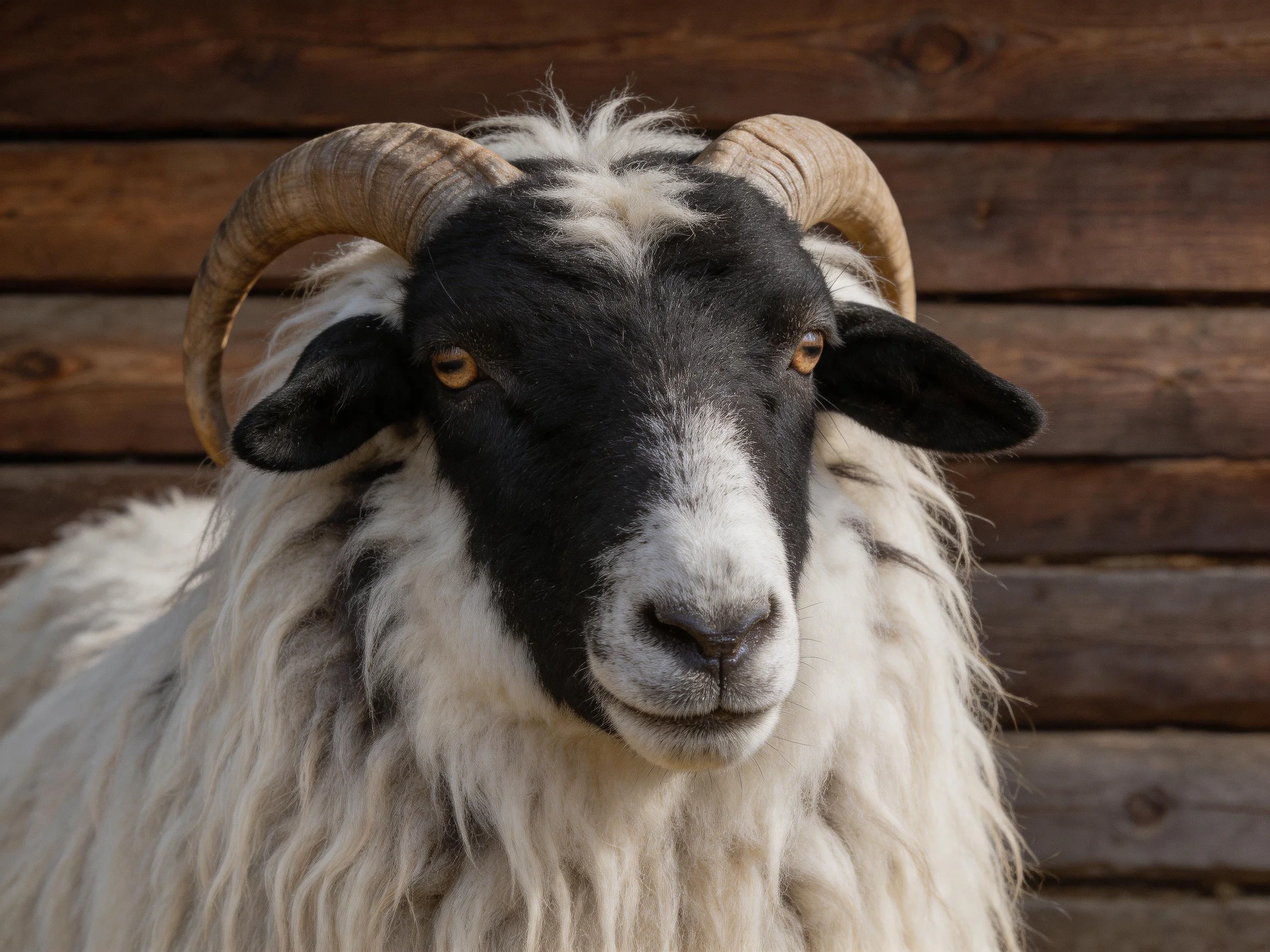 A black-and-white sheep with long woolly coat and curved horns by wooden wall