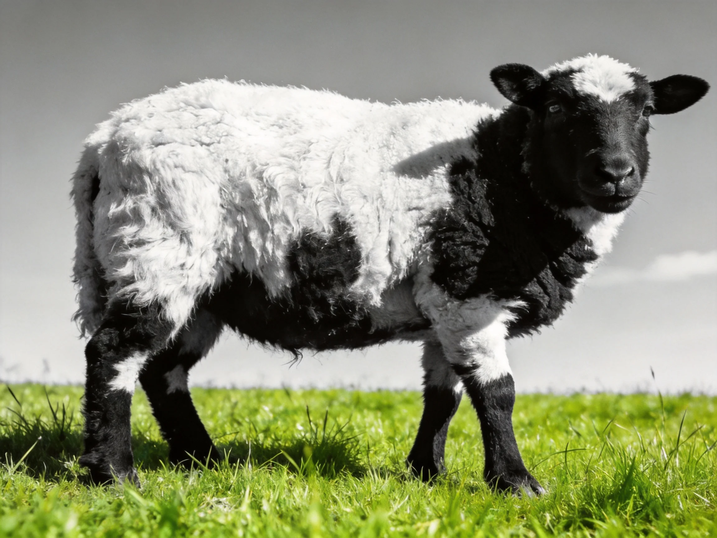 A black and white sheep with thick wool stands on green grass