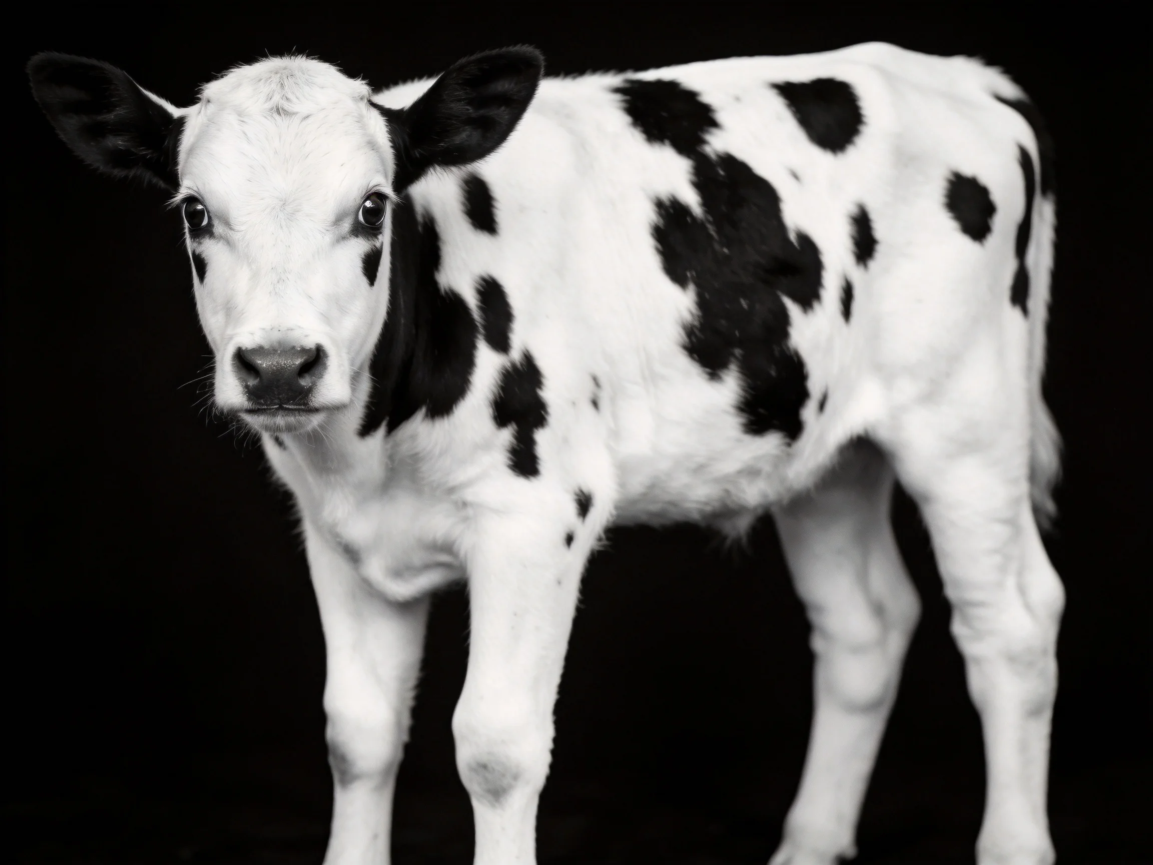 A young spotted calf with black and white patches stands against a dark backdrop.