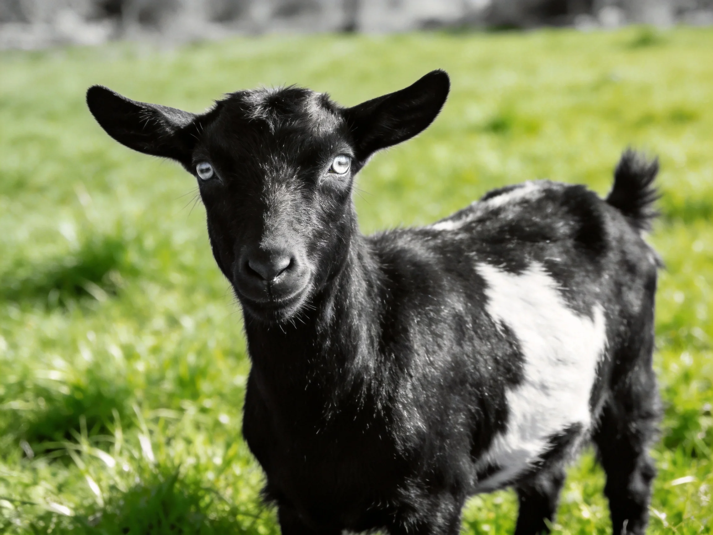 A black and white spotted goat stands in a sunlit grassy meadow