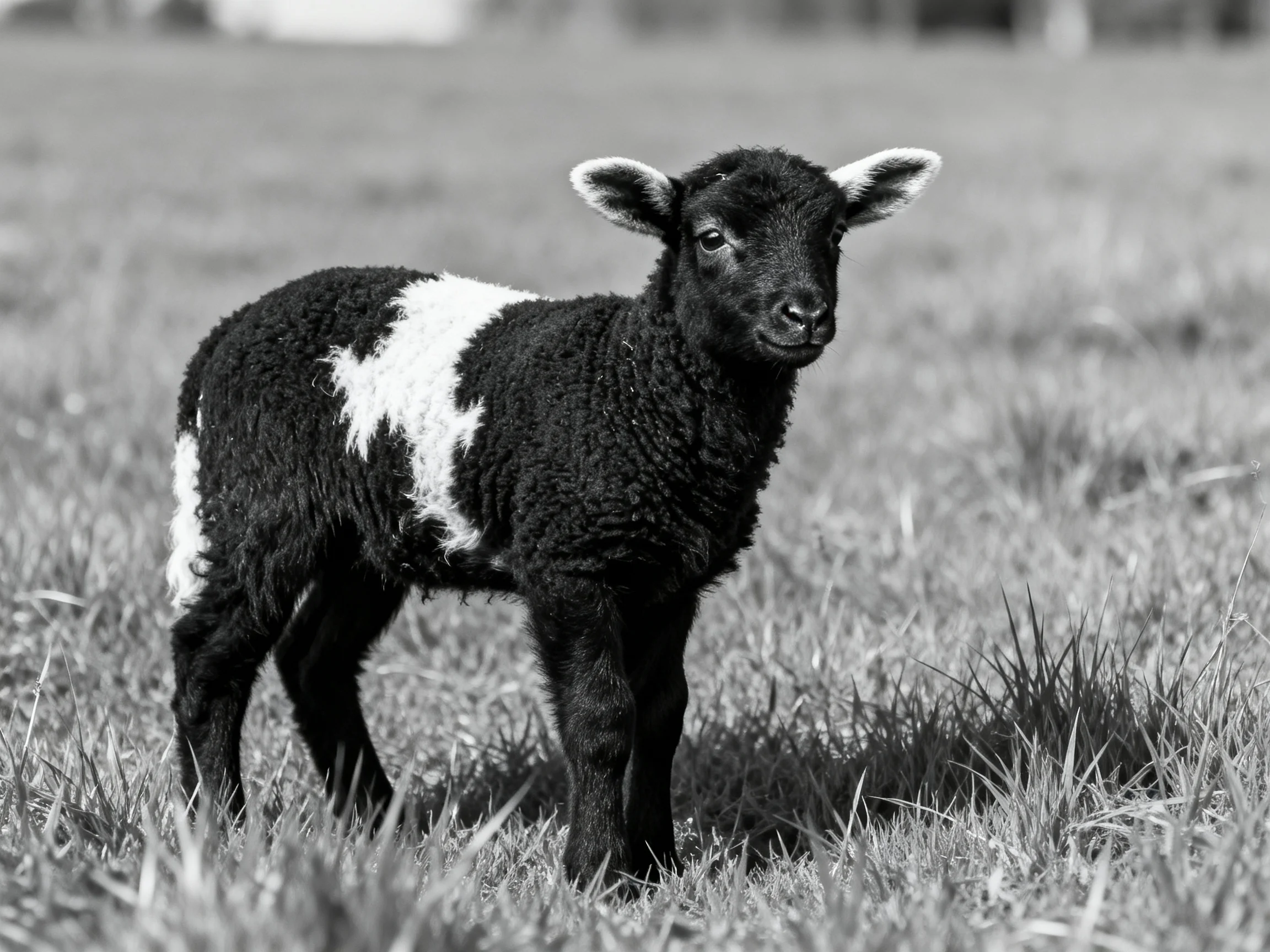 A black and white spotted lamb in an open grassy field