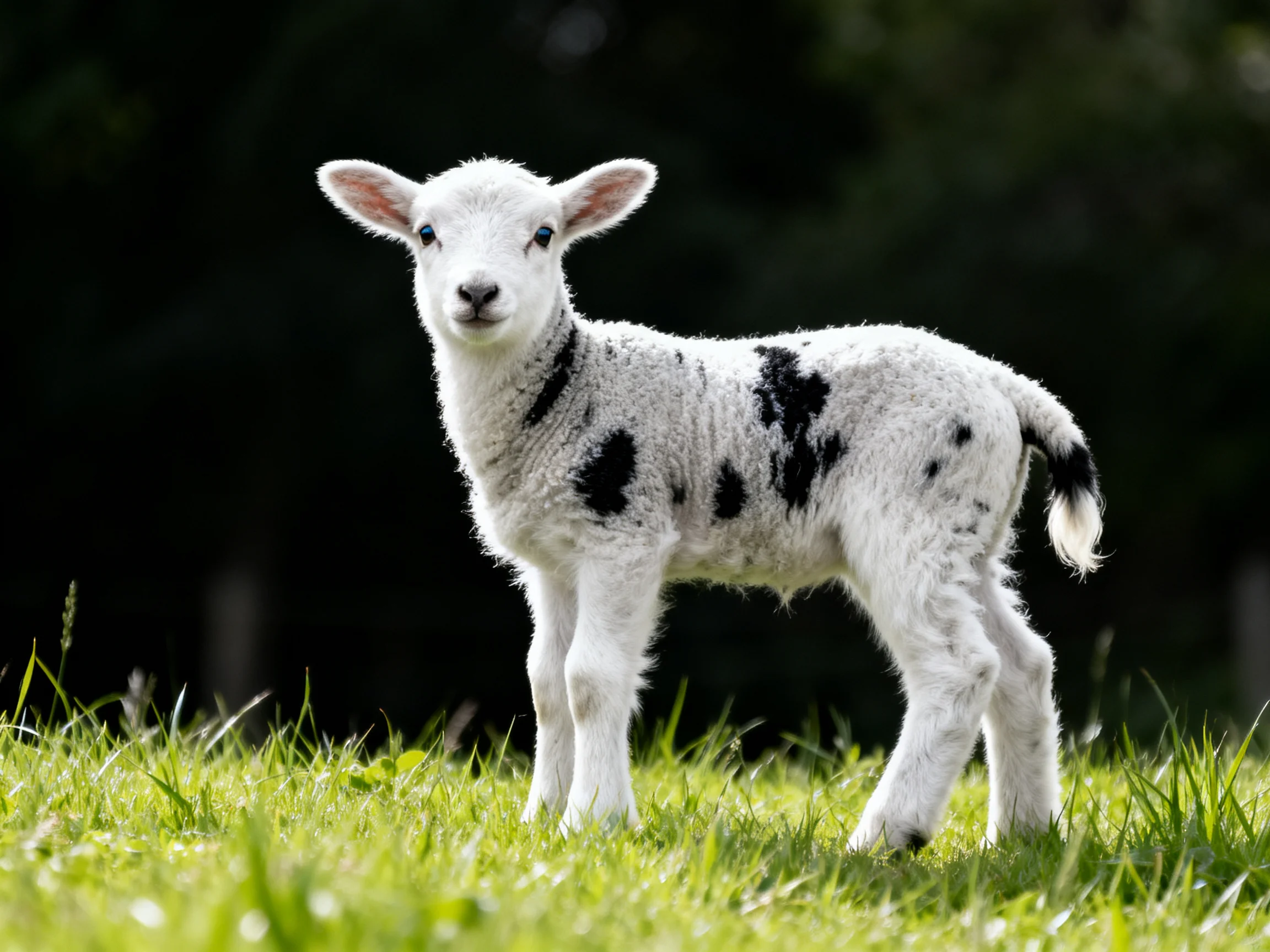 A black-and-white spotted lamb on green grass