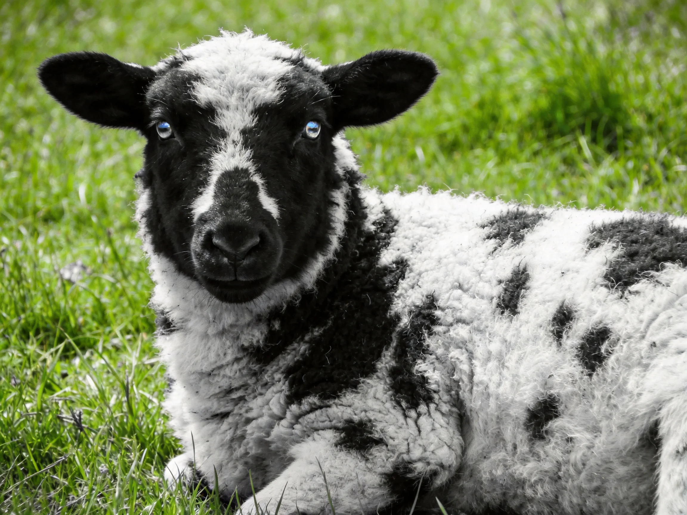 A black and white spotted lamb lies on lush green grass