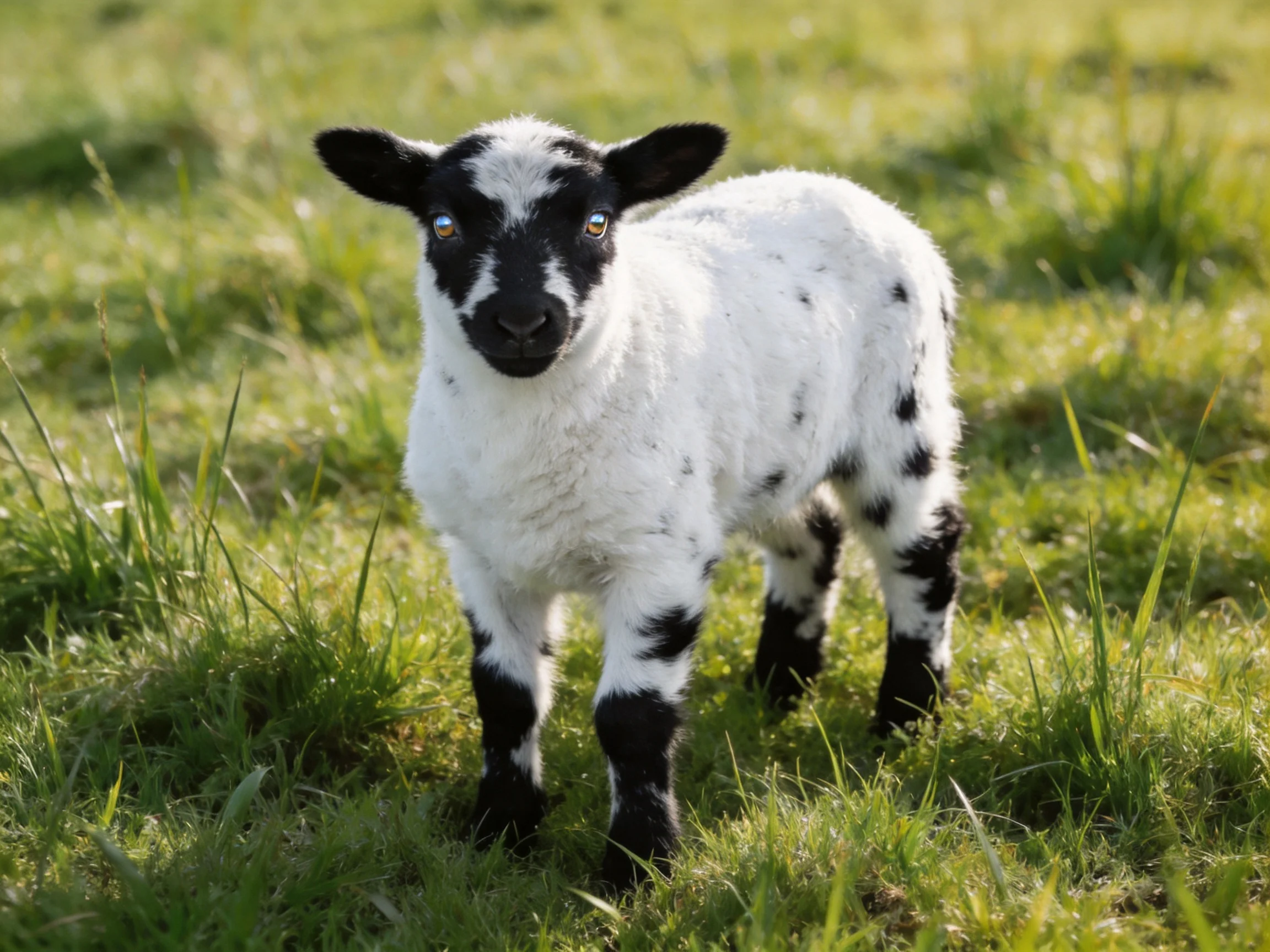 A black-and-white spotted lamb stands in lush green grass