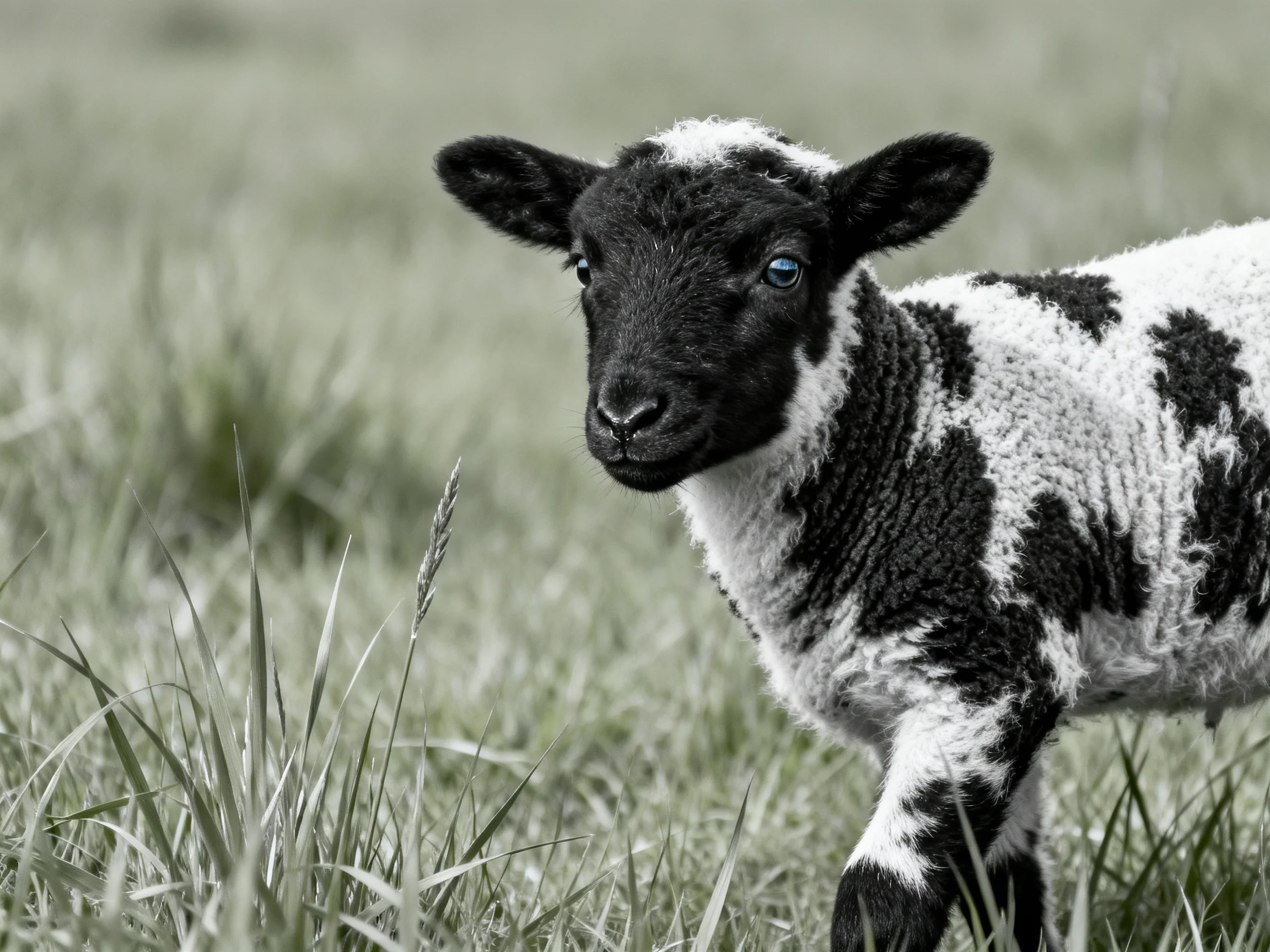 A black-and-white spotted lamb stands in tall green grass