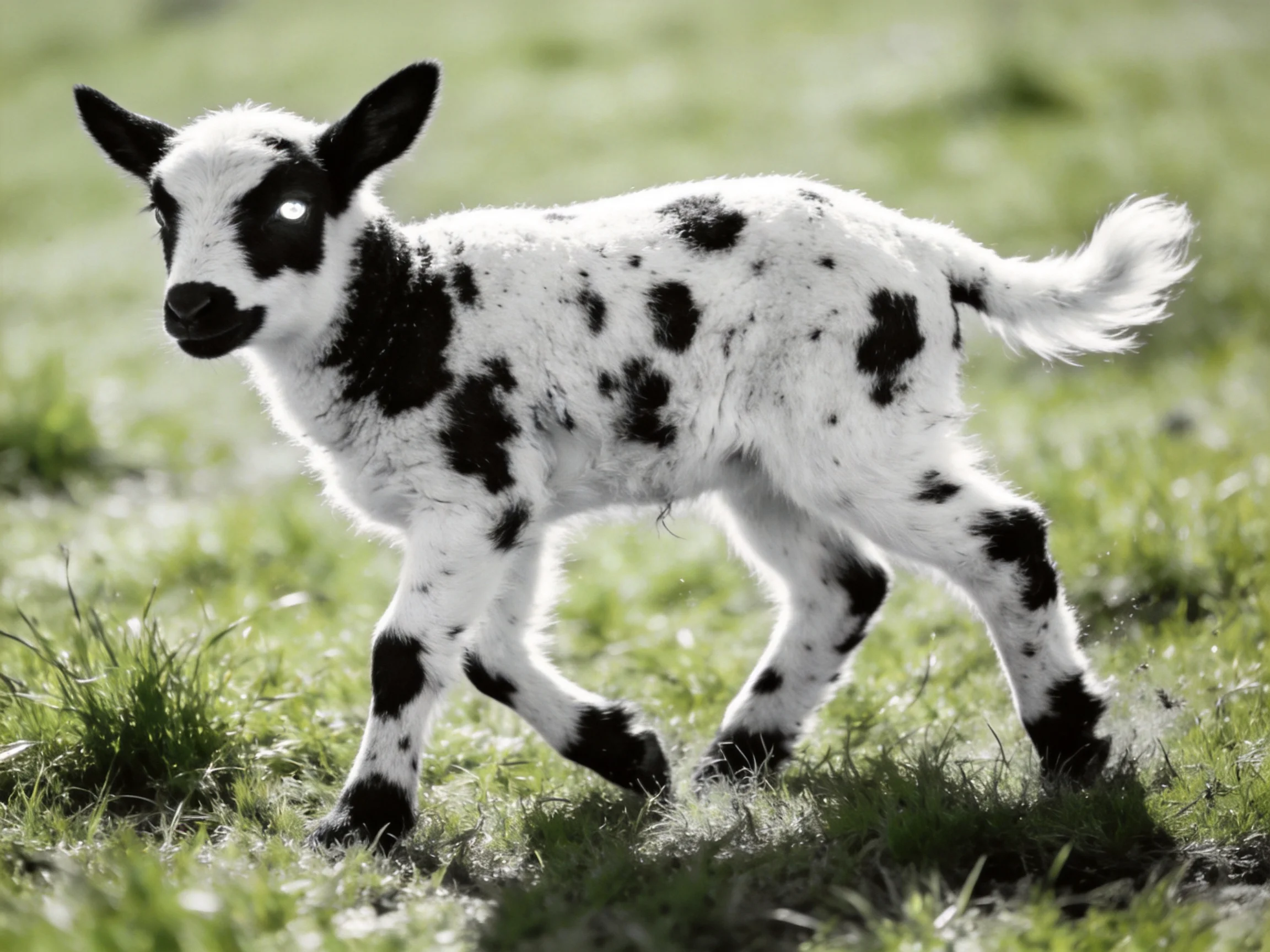 A black-and-white spotted lamb walking through lush green grass