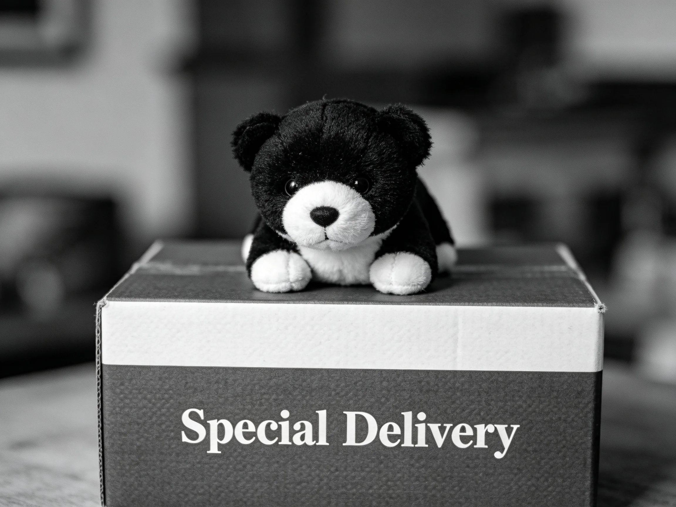 A black and white stuffed dog resting on a Special Delivery box