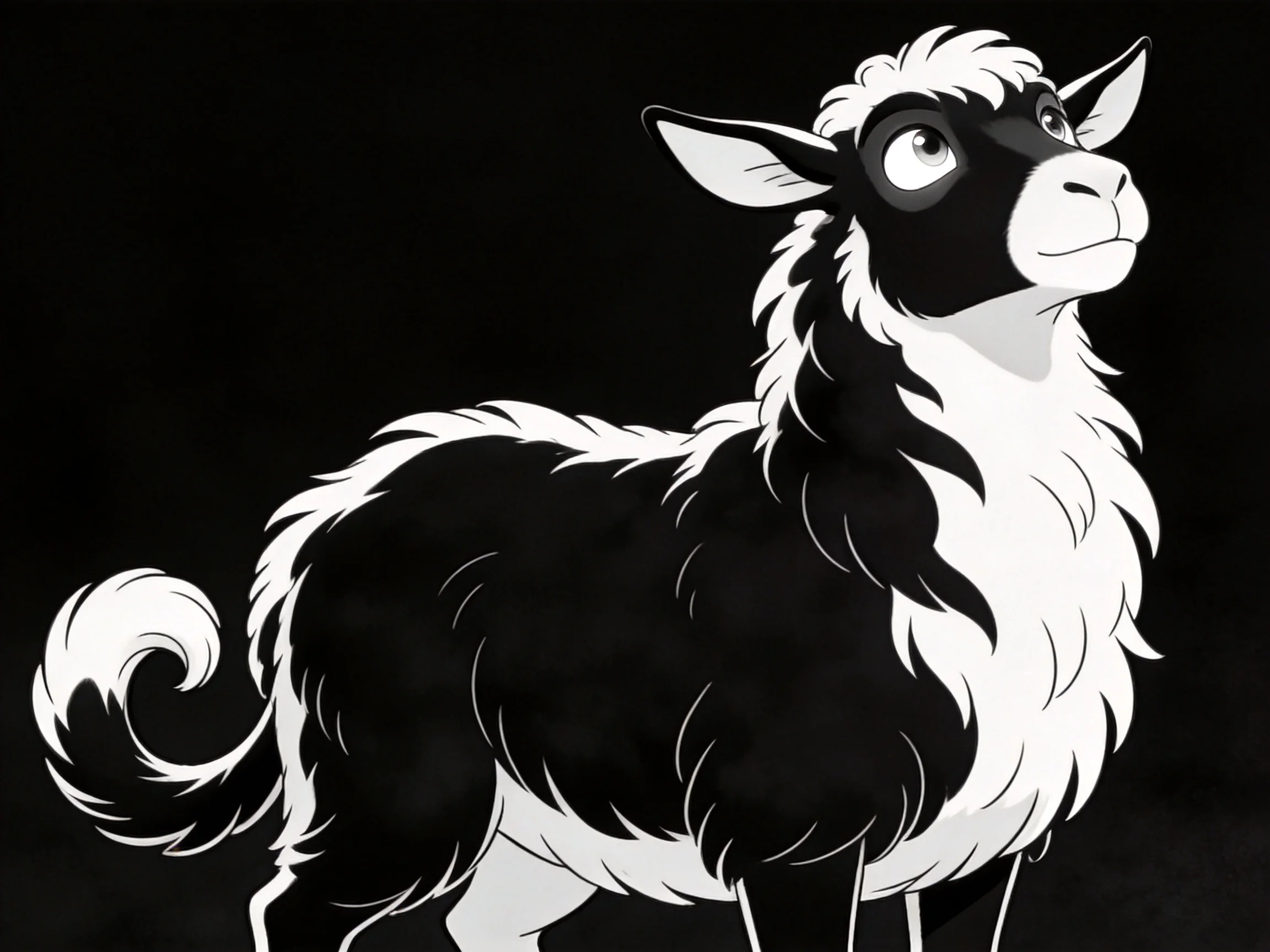 A black and white stylized furry creature with long hair