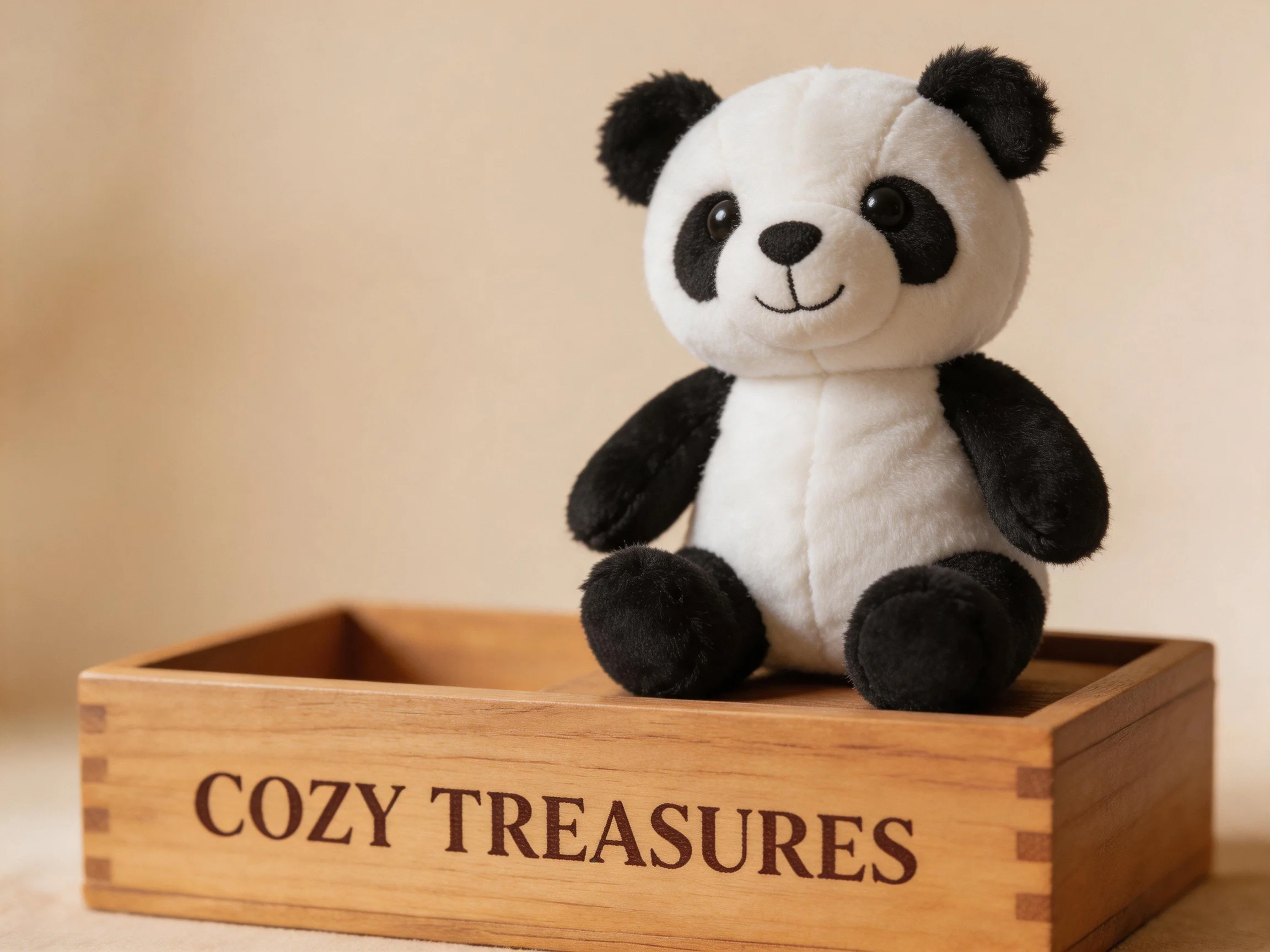 A black and whitepanda stuffed animal sits atop a wooden box labeled Cozy Treasures