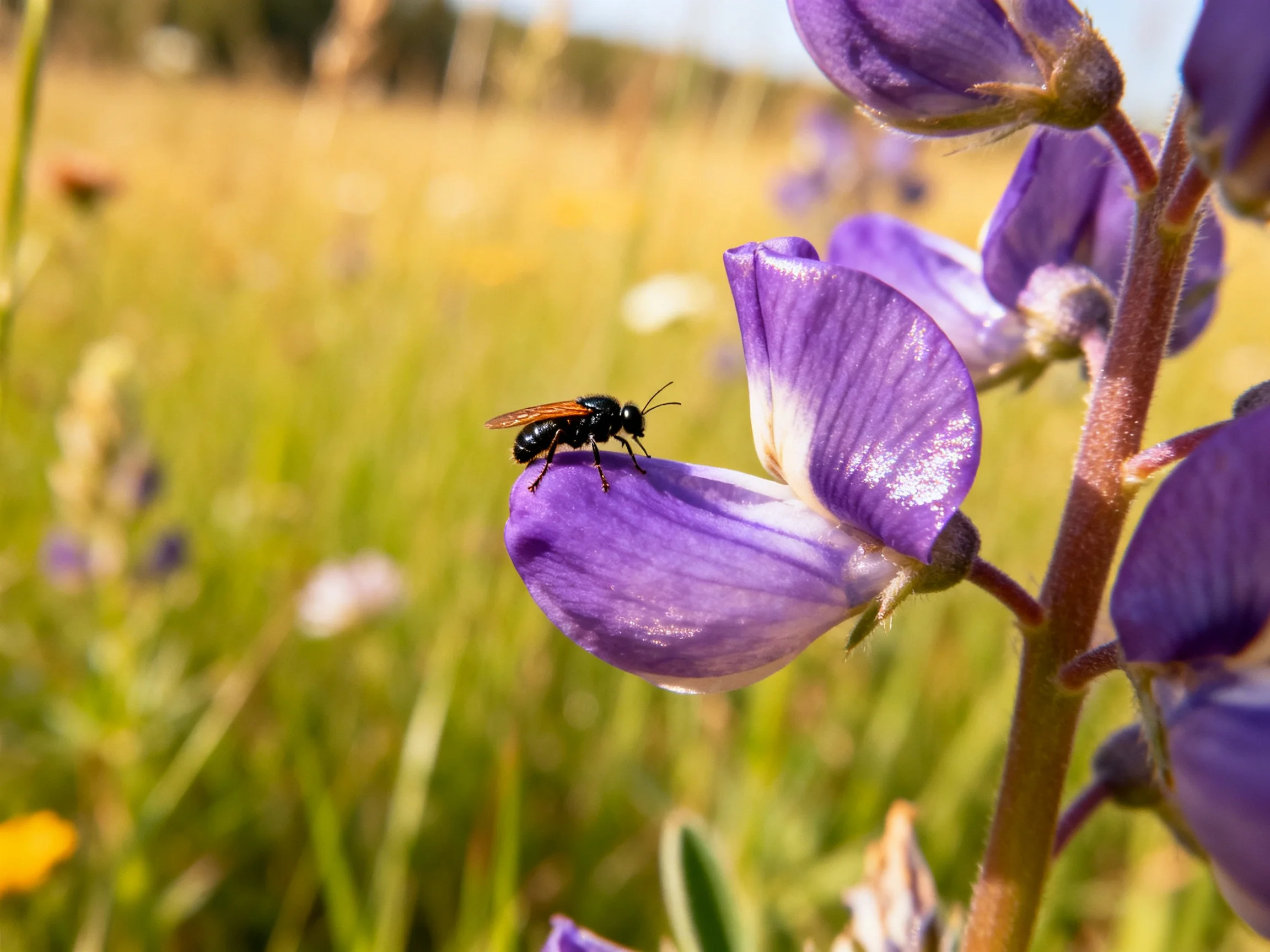 A black bee rests on vibrant purple lupine flowers amid a sunlit meadow