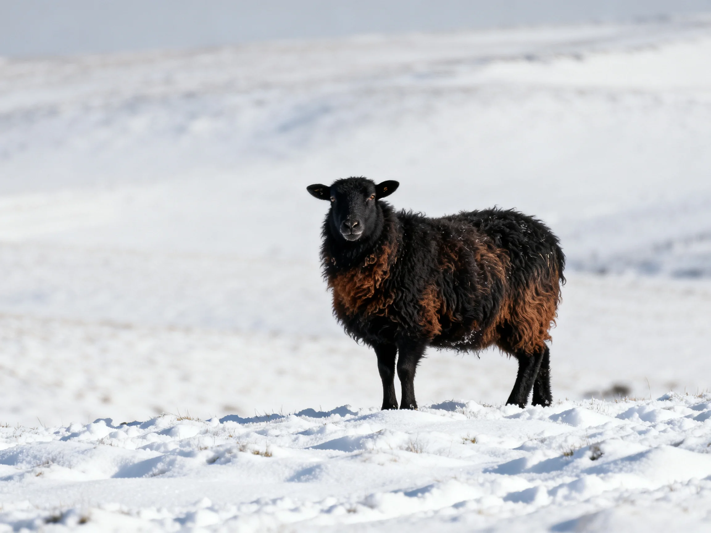 A black-brown sheep stands alone in a vast snowy field