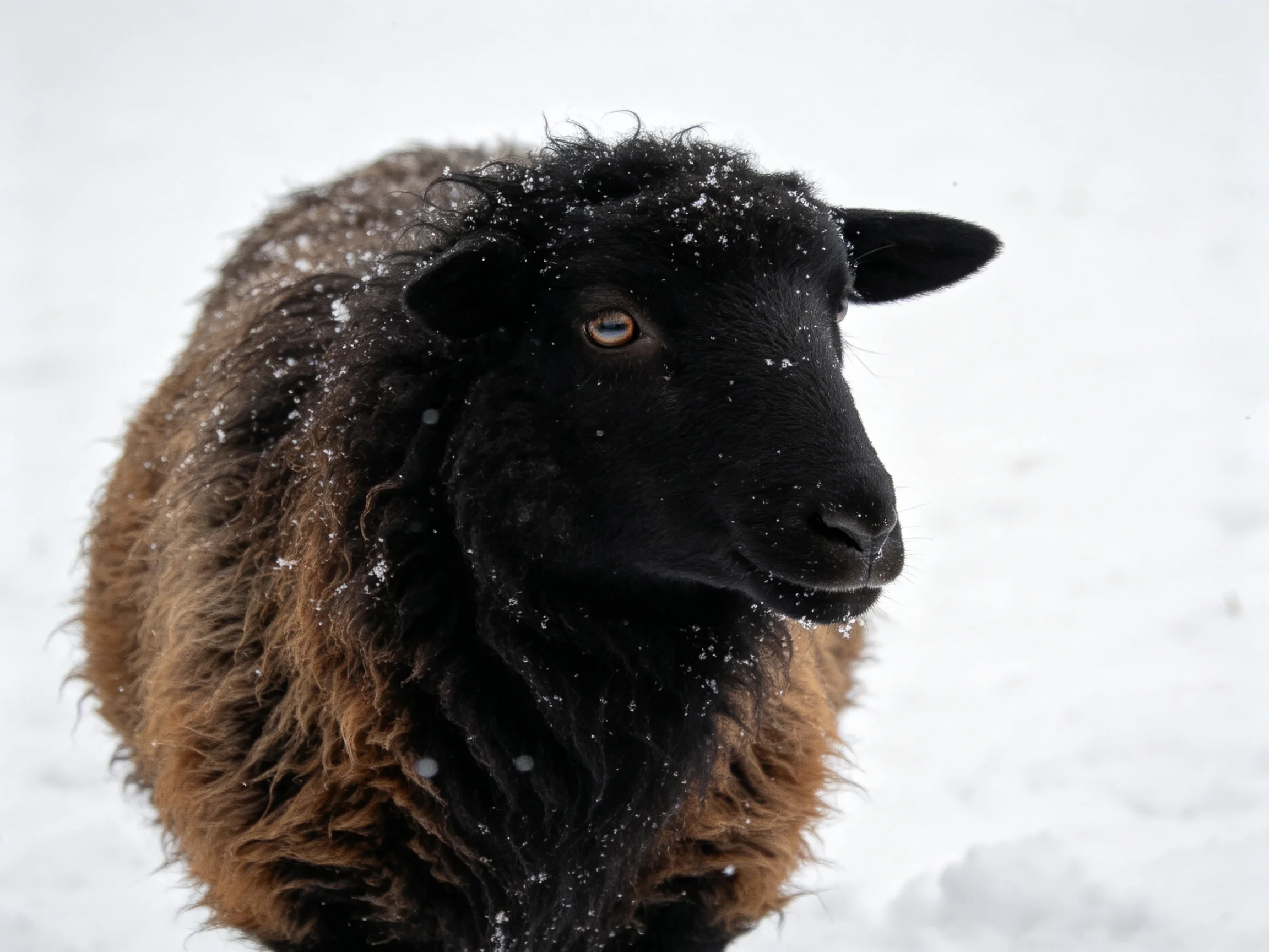 A black-brown sheep with snowflakes in snowy landscape