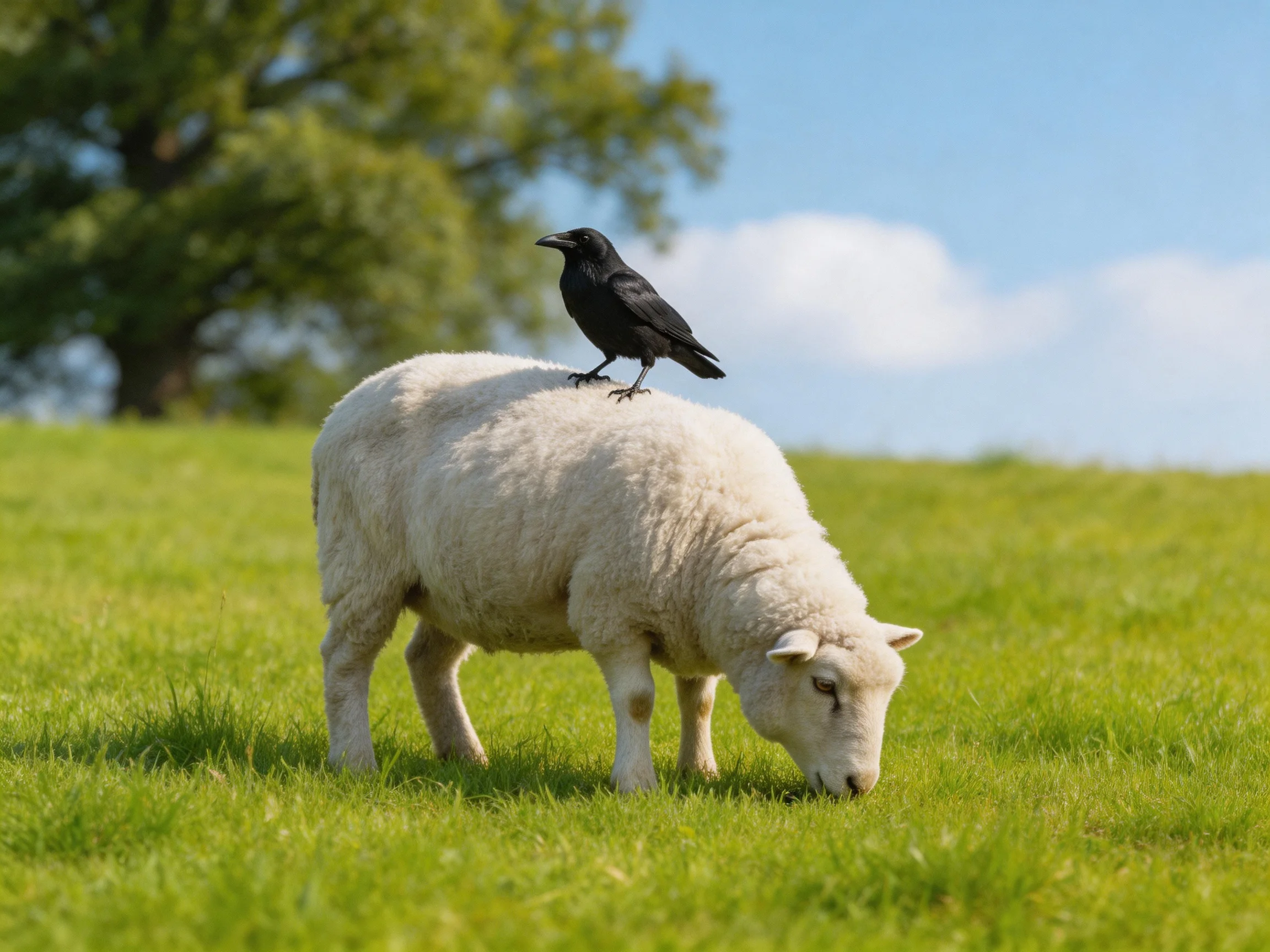 A black crow perches on a white sheep in a green meadow