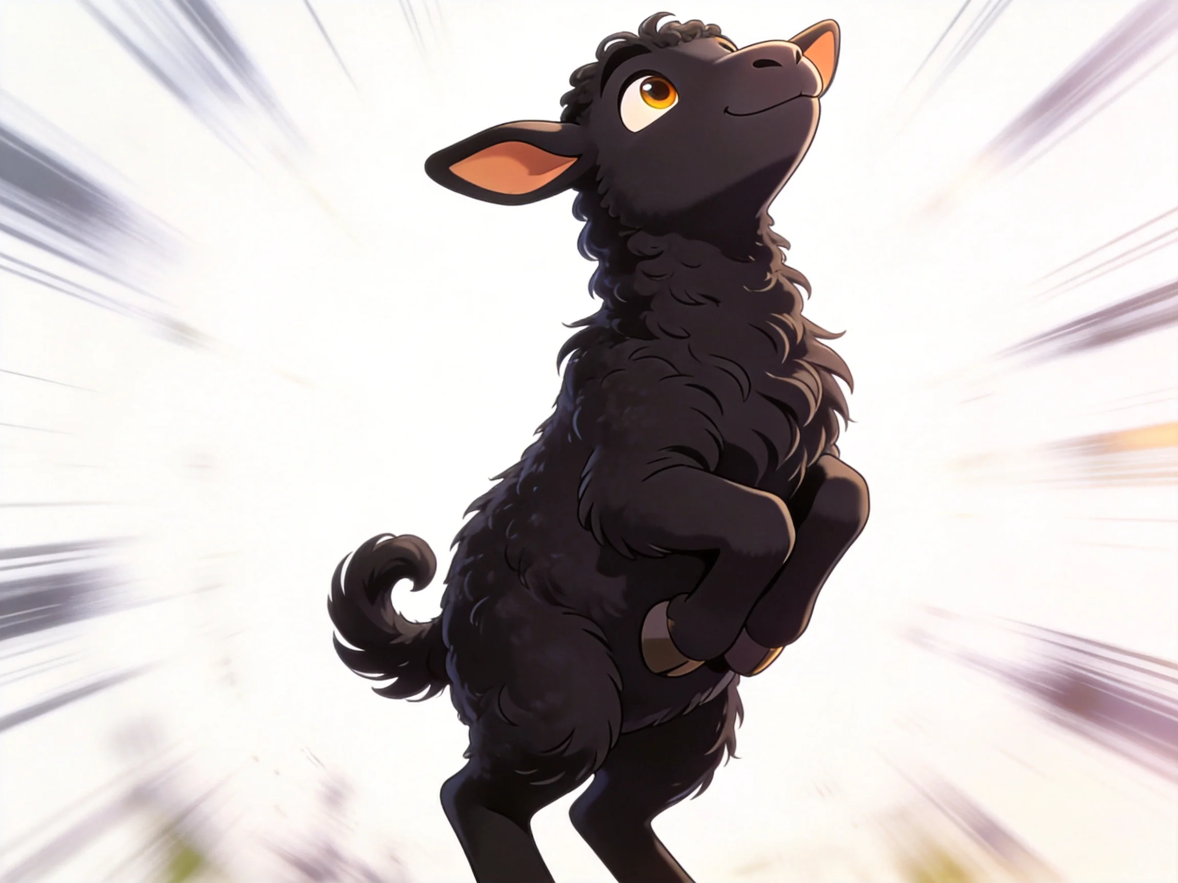 A black, curly-haired animal stands on hind legs with dynamic light streaks