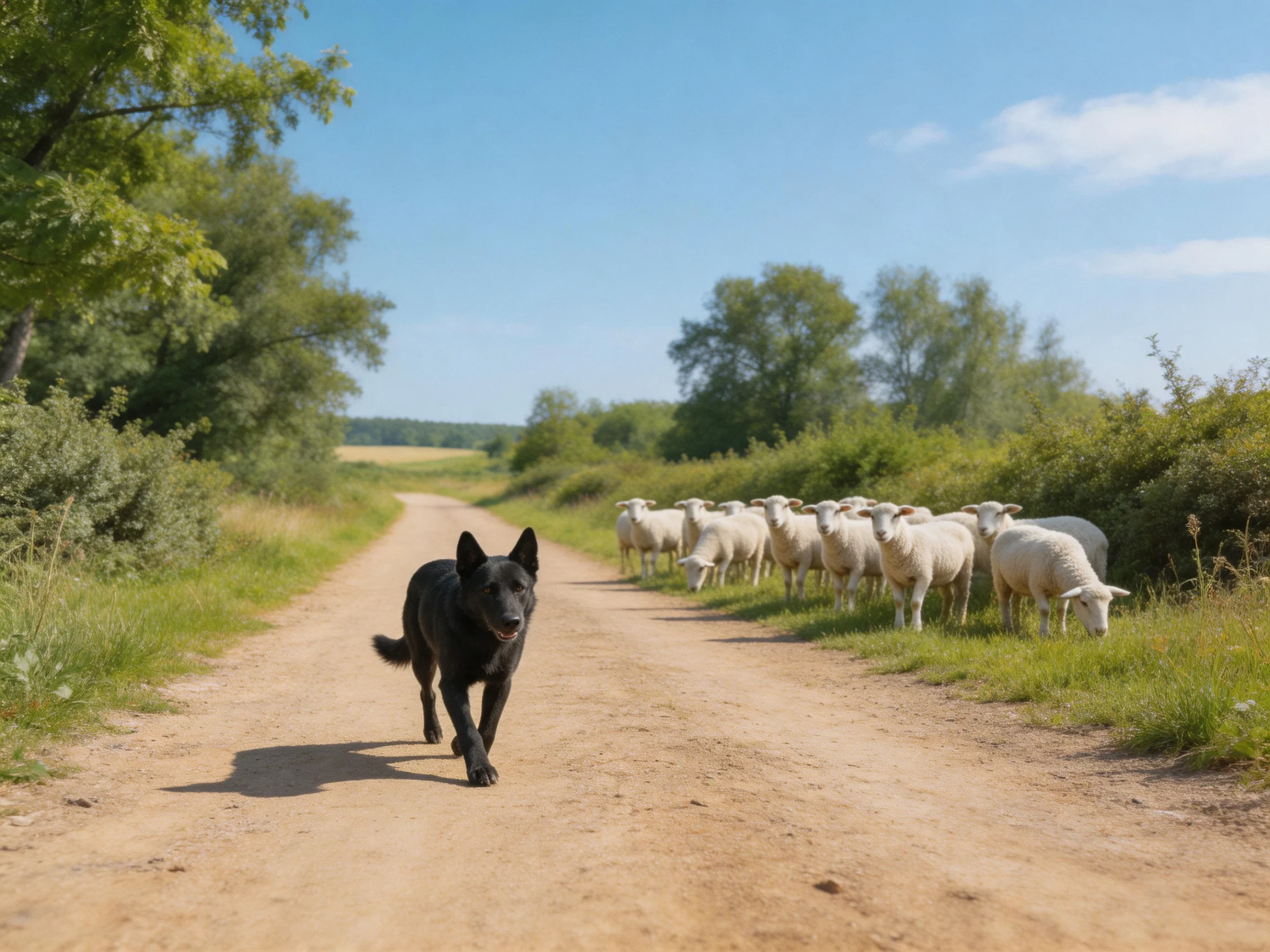 A black dog herding sheep on a sunlit dirt path
