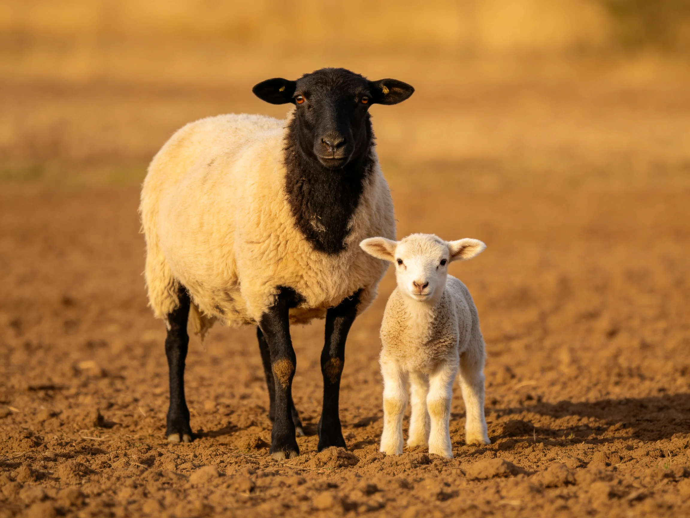 A black-faced adult sheep and white lamb stand on brown earth