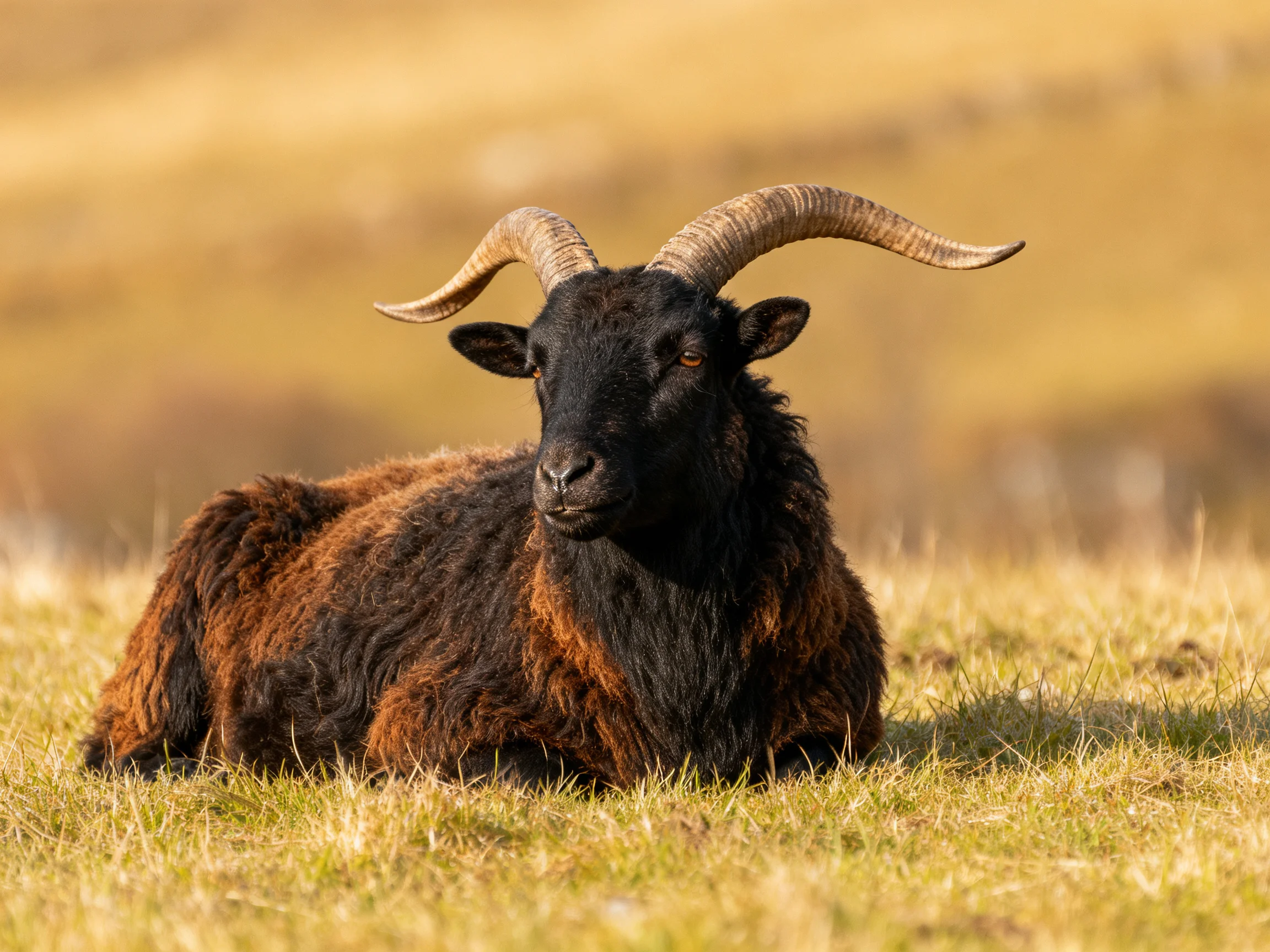 A black-faced brown goat with large curved horns rests on grass