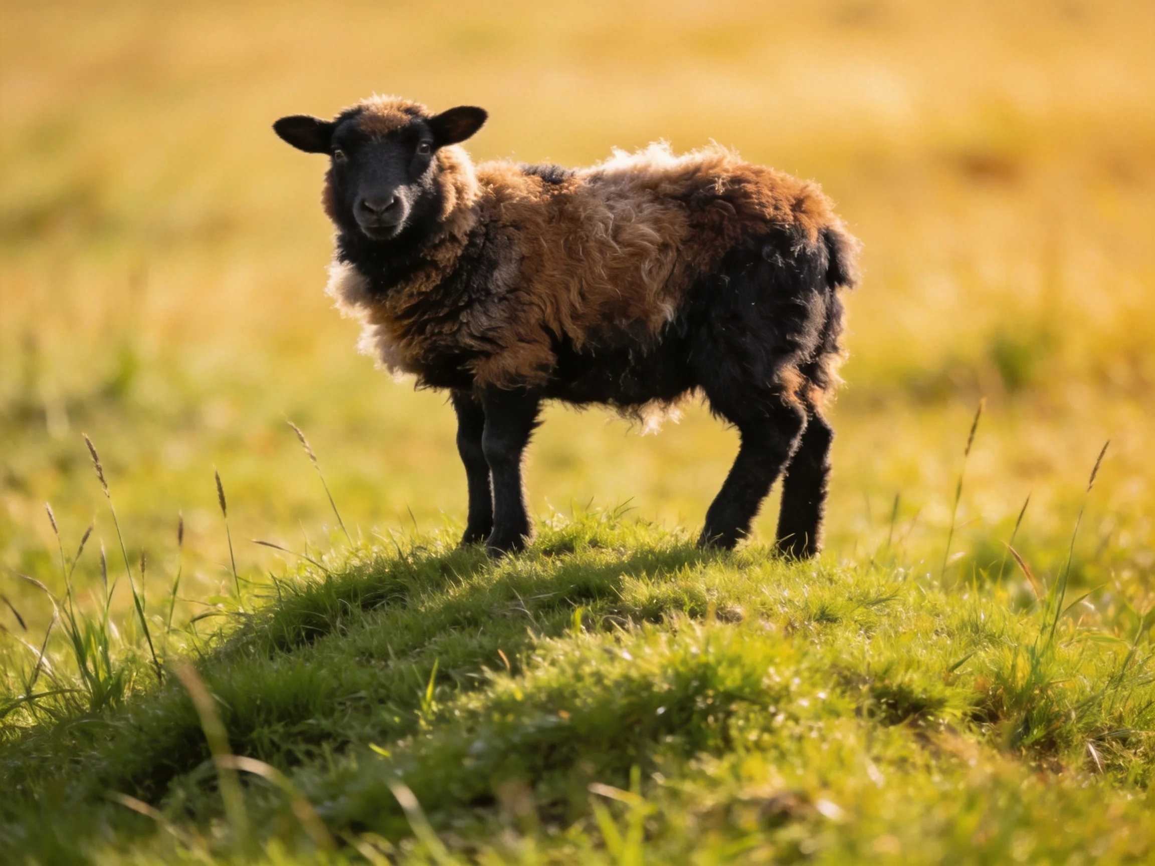 A sheep with brown and black wool stands on a sunlit grassy hill