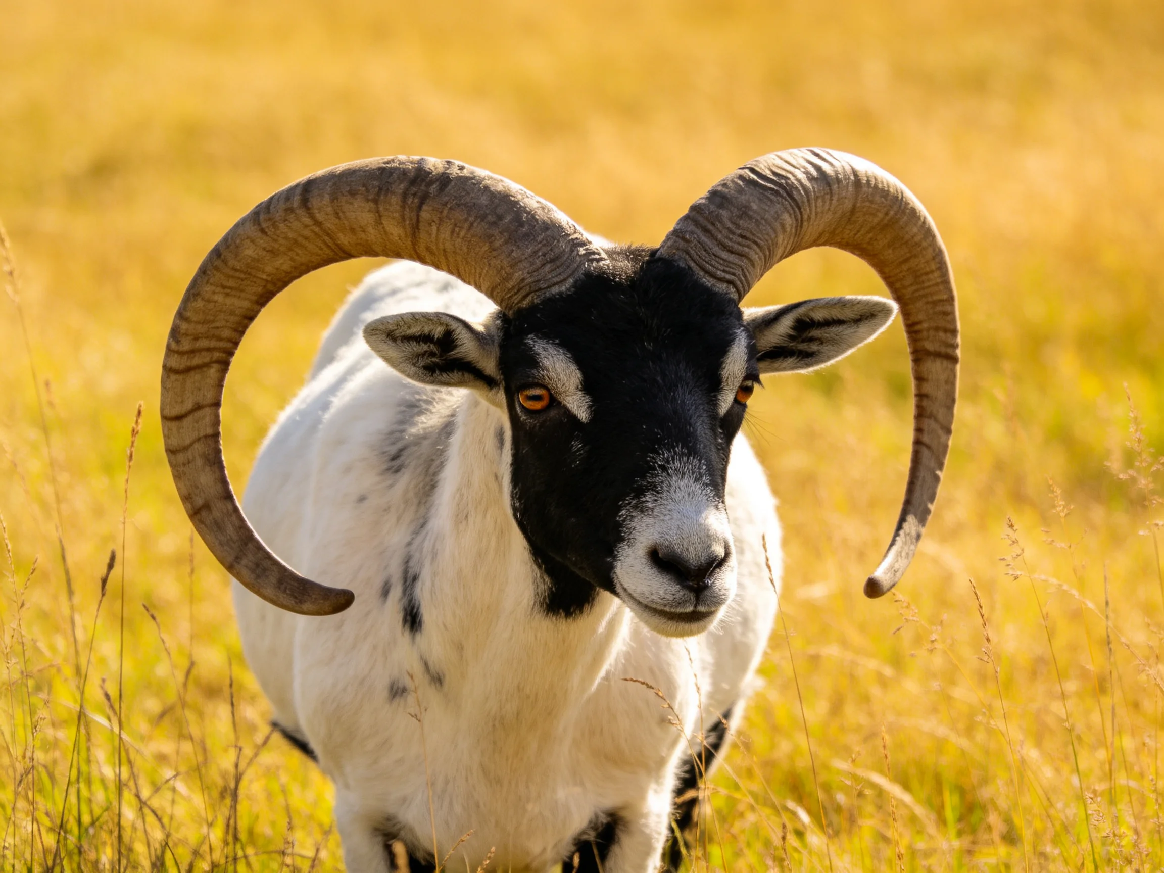 A black-faced goat with massive curved horns in golden grassland