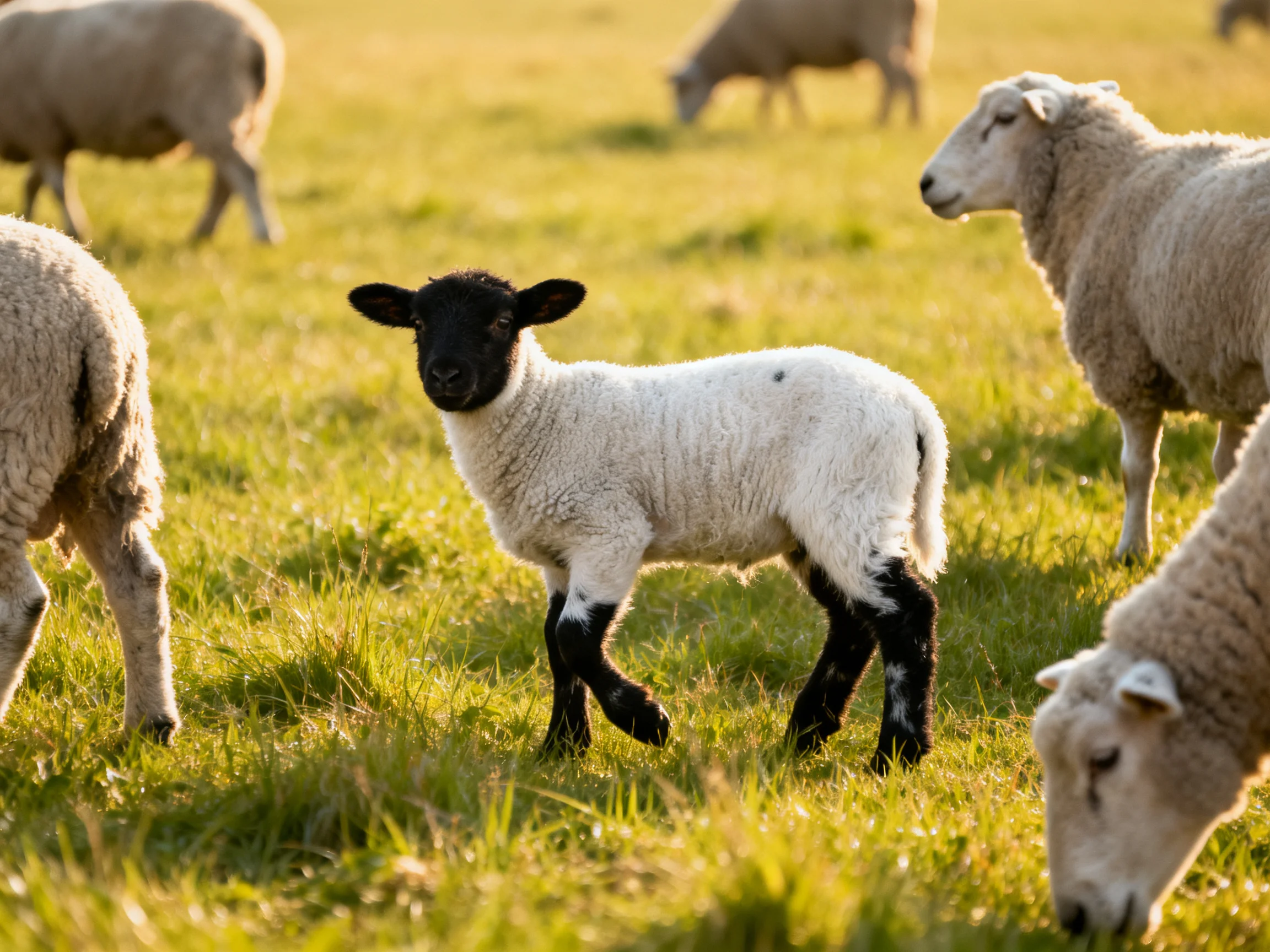 A black-faced lamb among white sheep in a sunlit meadow