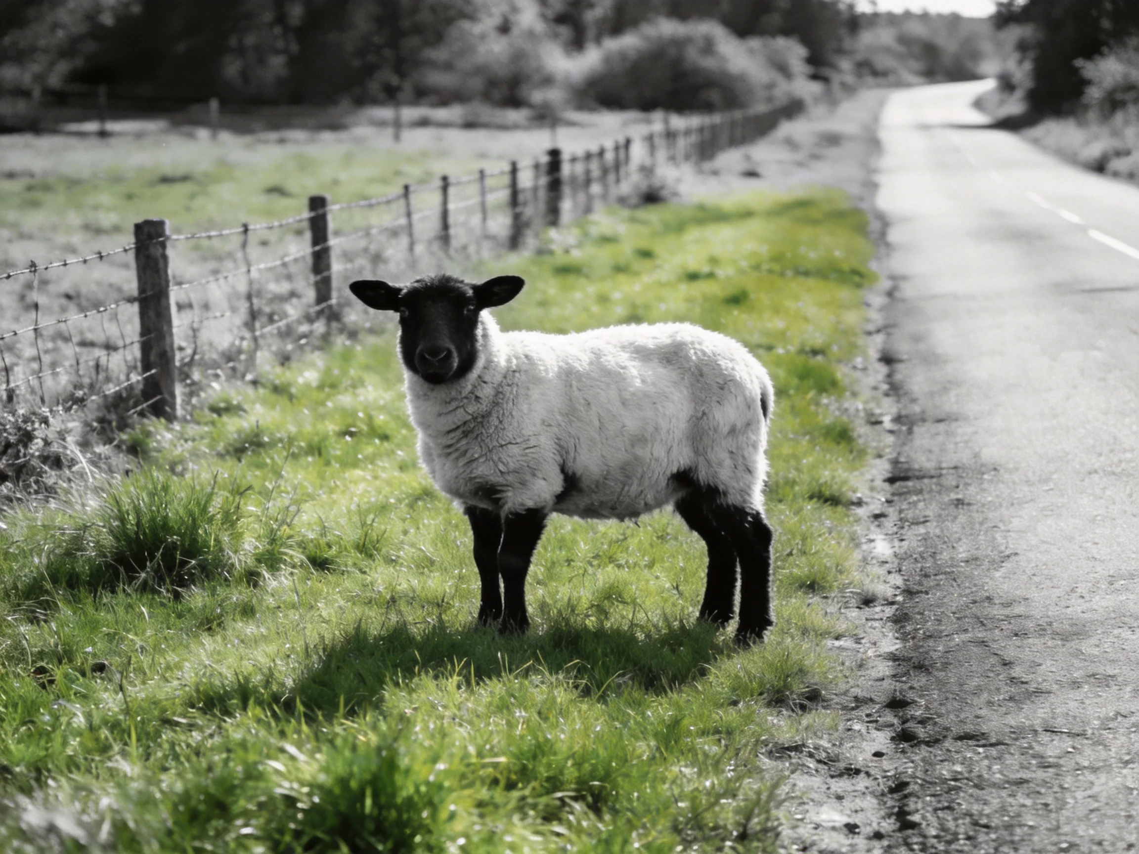 A black - faced lamb near a rural road with green grass