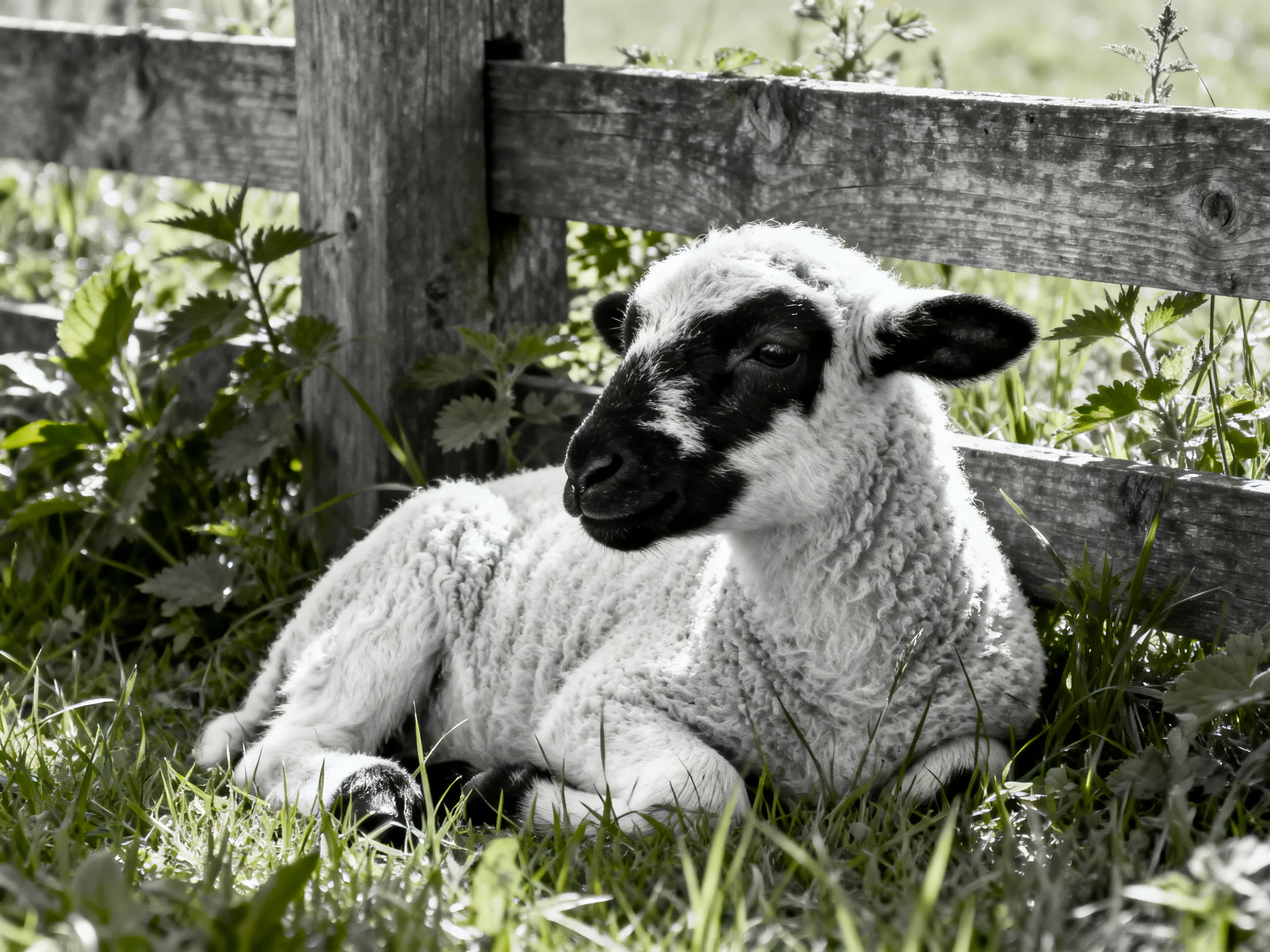 A black-faced lamb rests against a weathered wooden fence