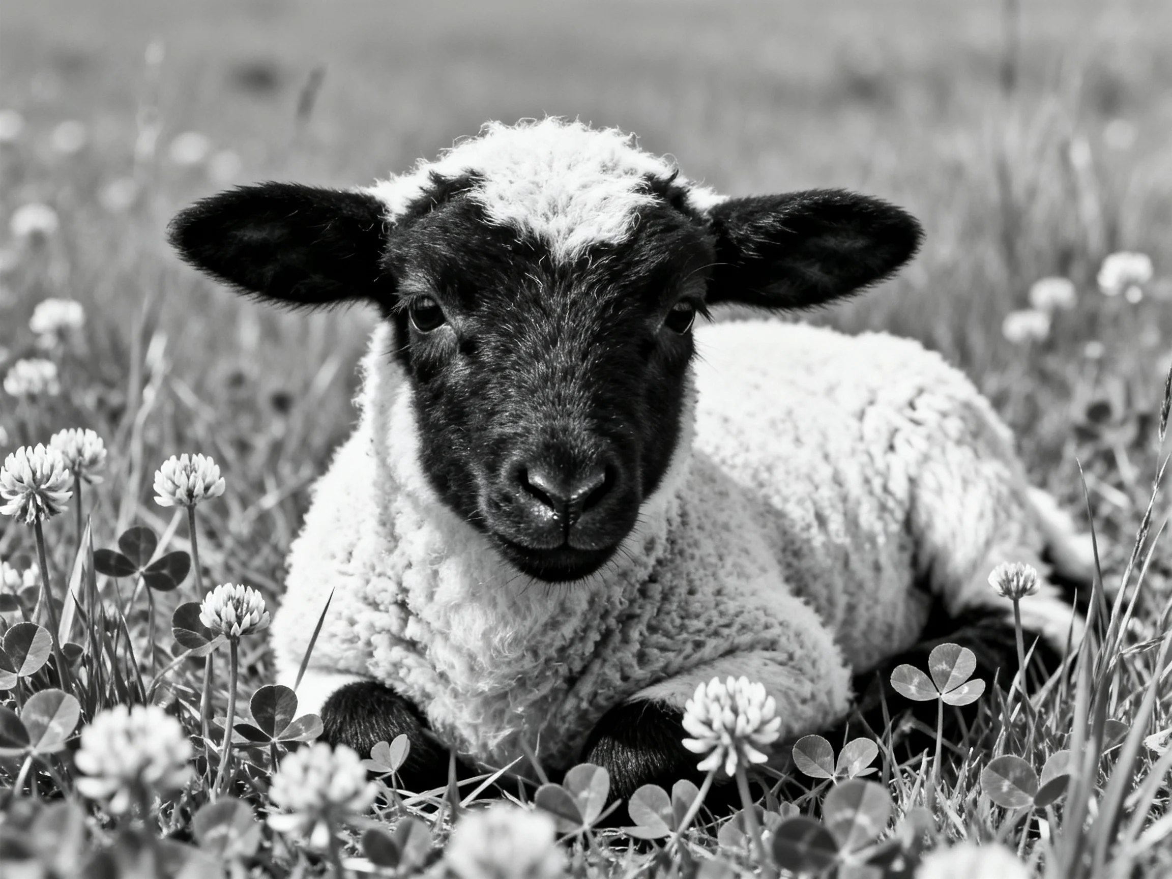 A black-faced lamb rests amid clover and wildflowers in a meadow