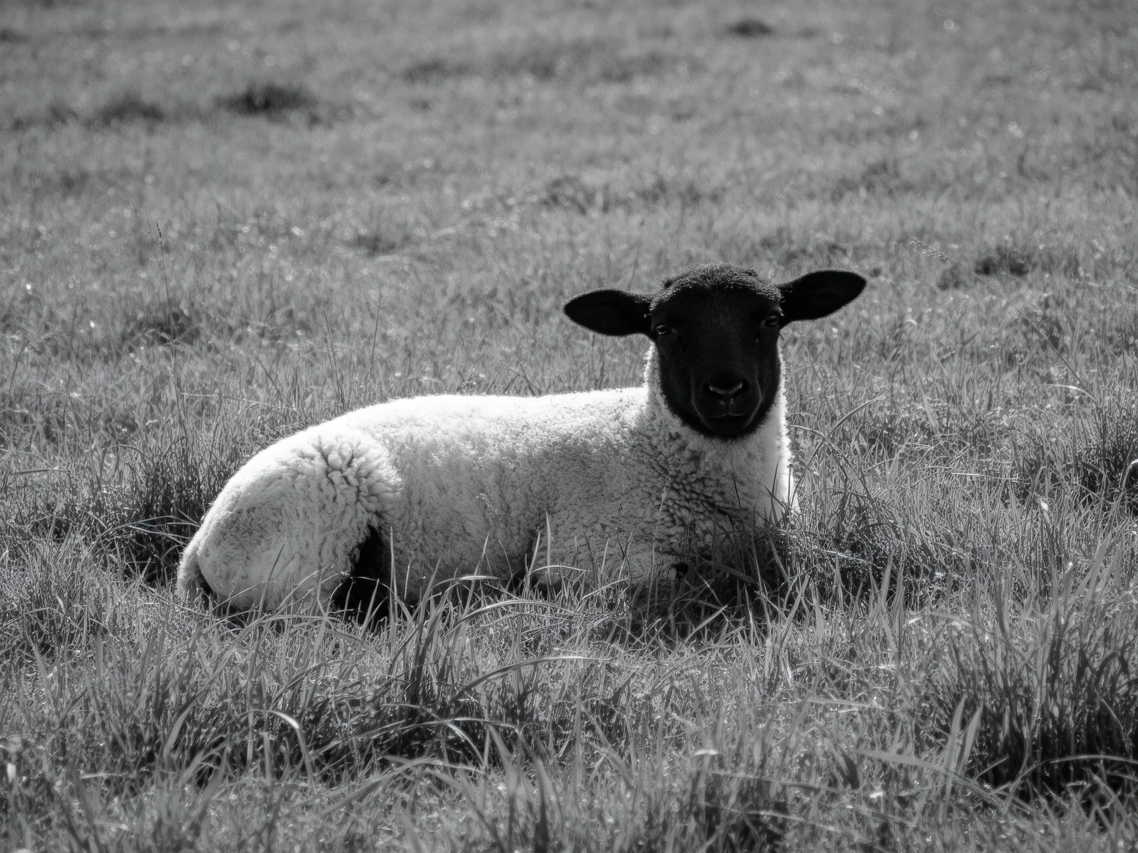 A black-faced lamb rests in a grassy field