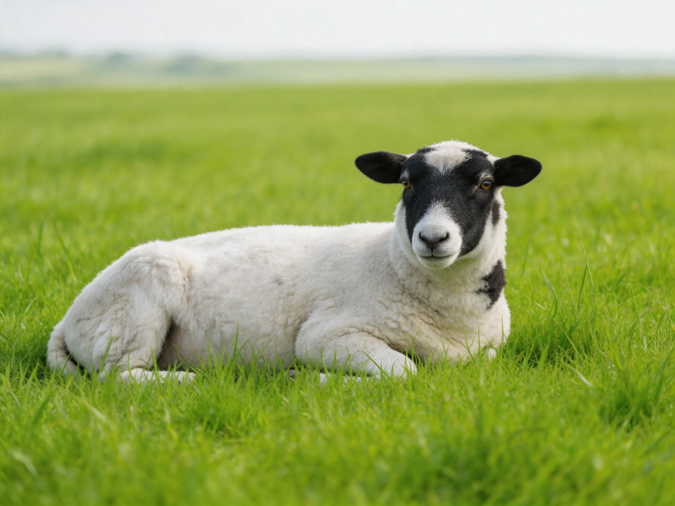 A black-faced lamb rests in a lush green meadow