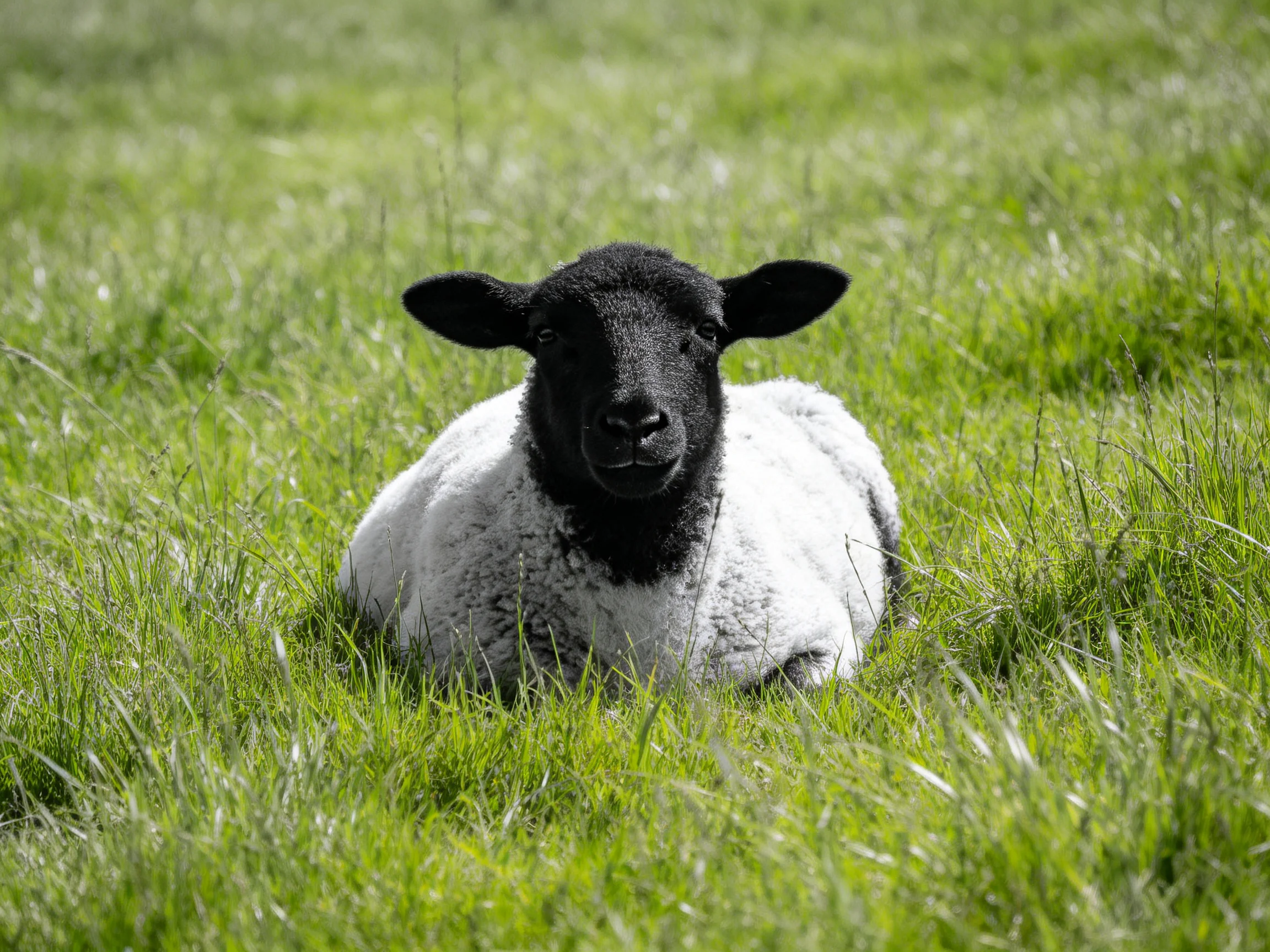 A black-faced lamb rests in lush green grass