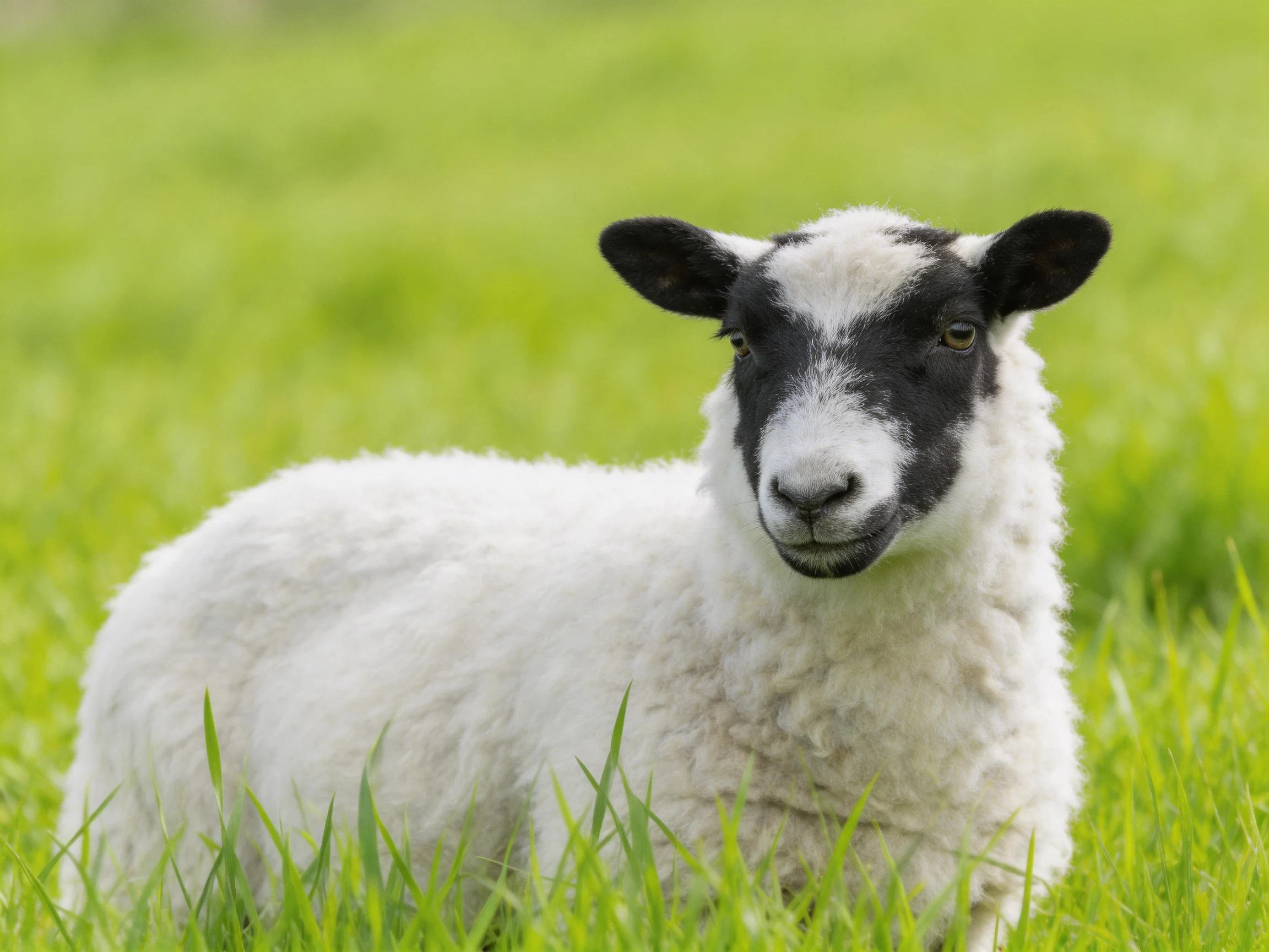 A black-faced lamb rests in vibrant green grass
