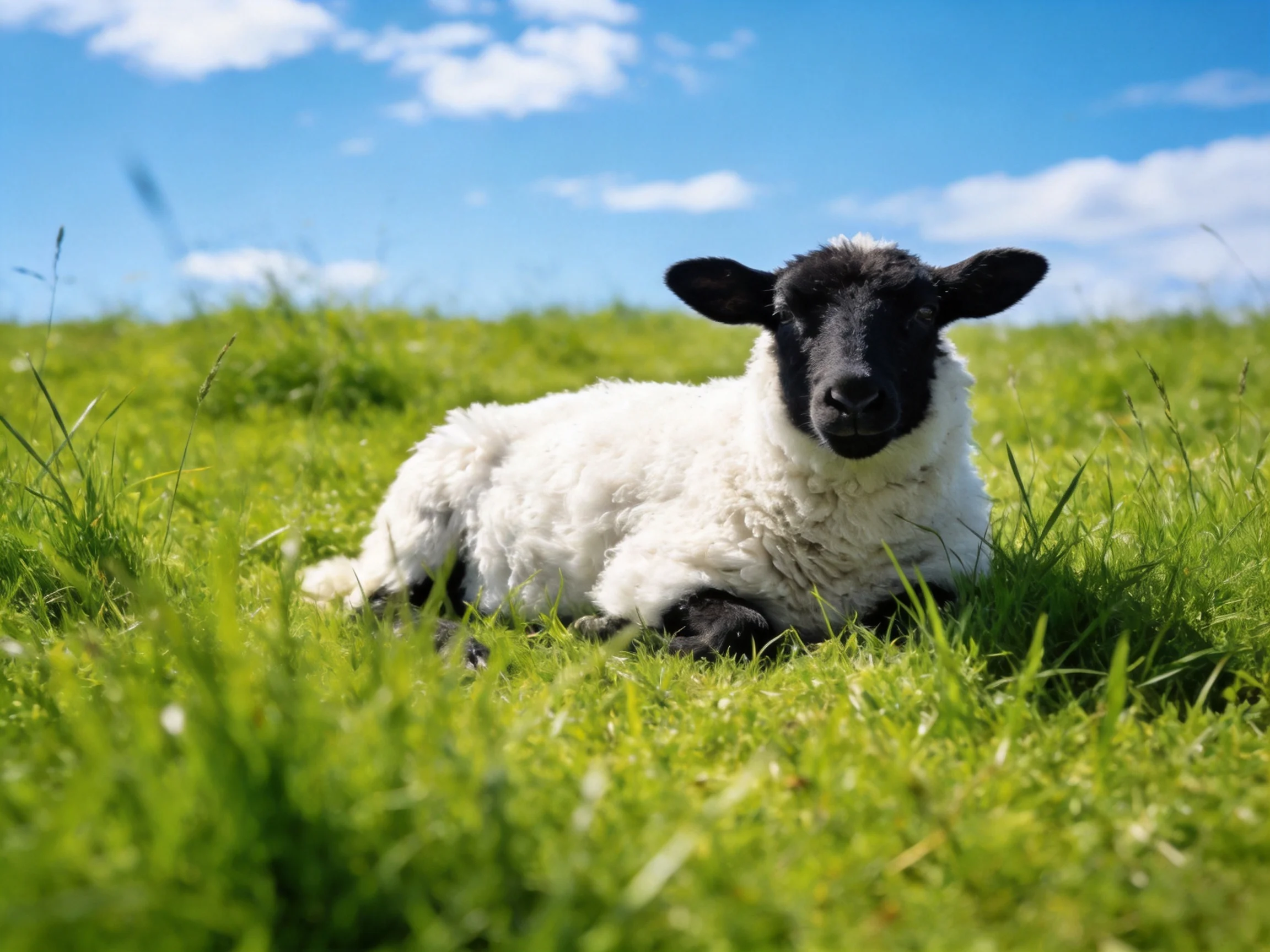 A black-faced lamb rests inlush green grass under bright blue sky