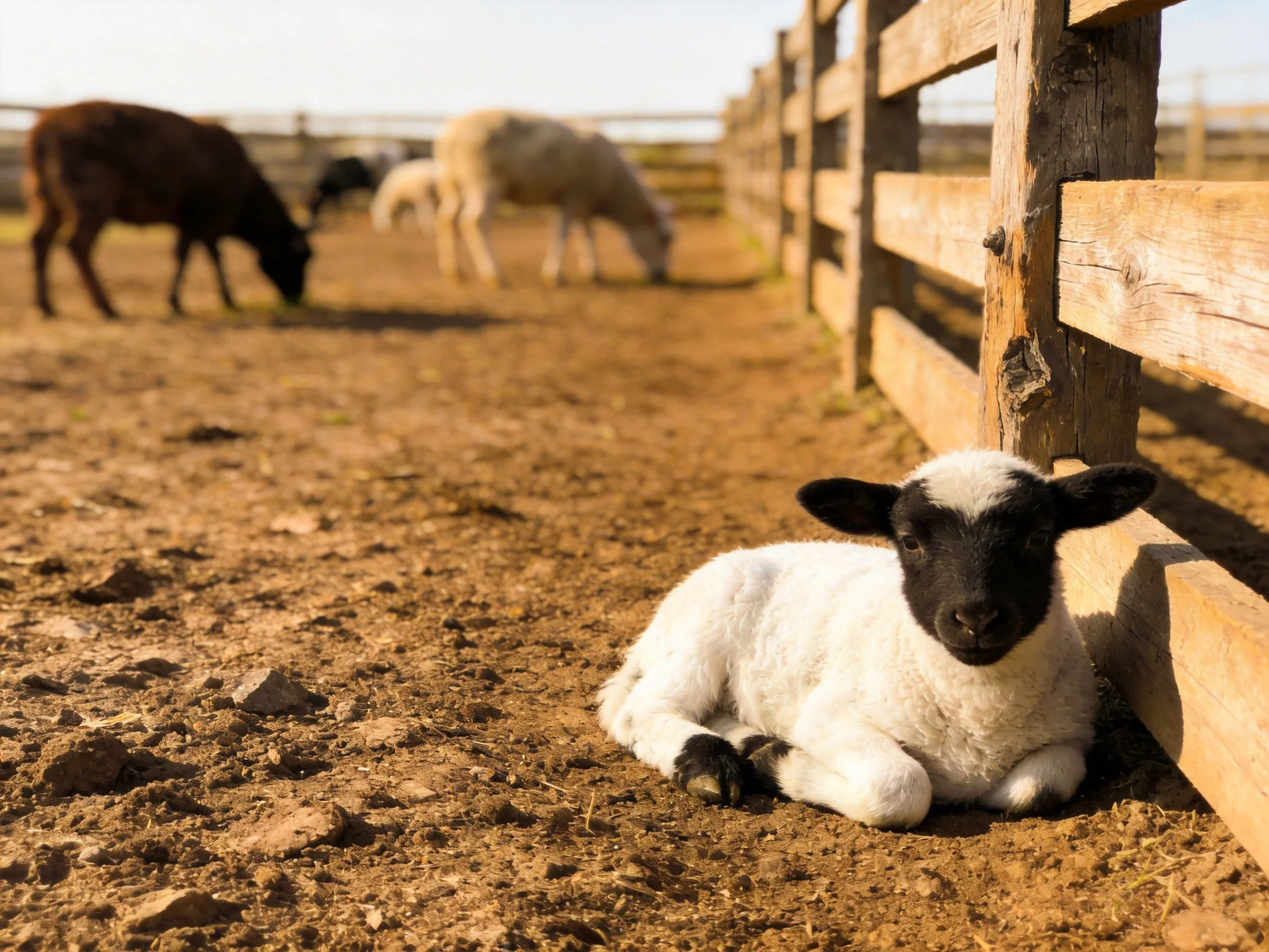 A black-faced lamb rests near a wooden fence with grazing sheep