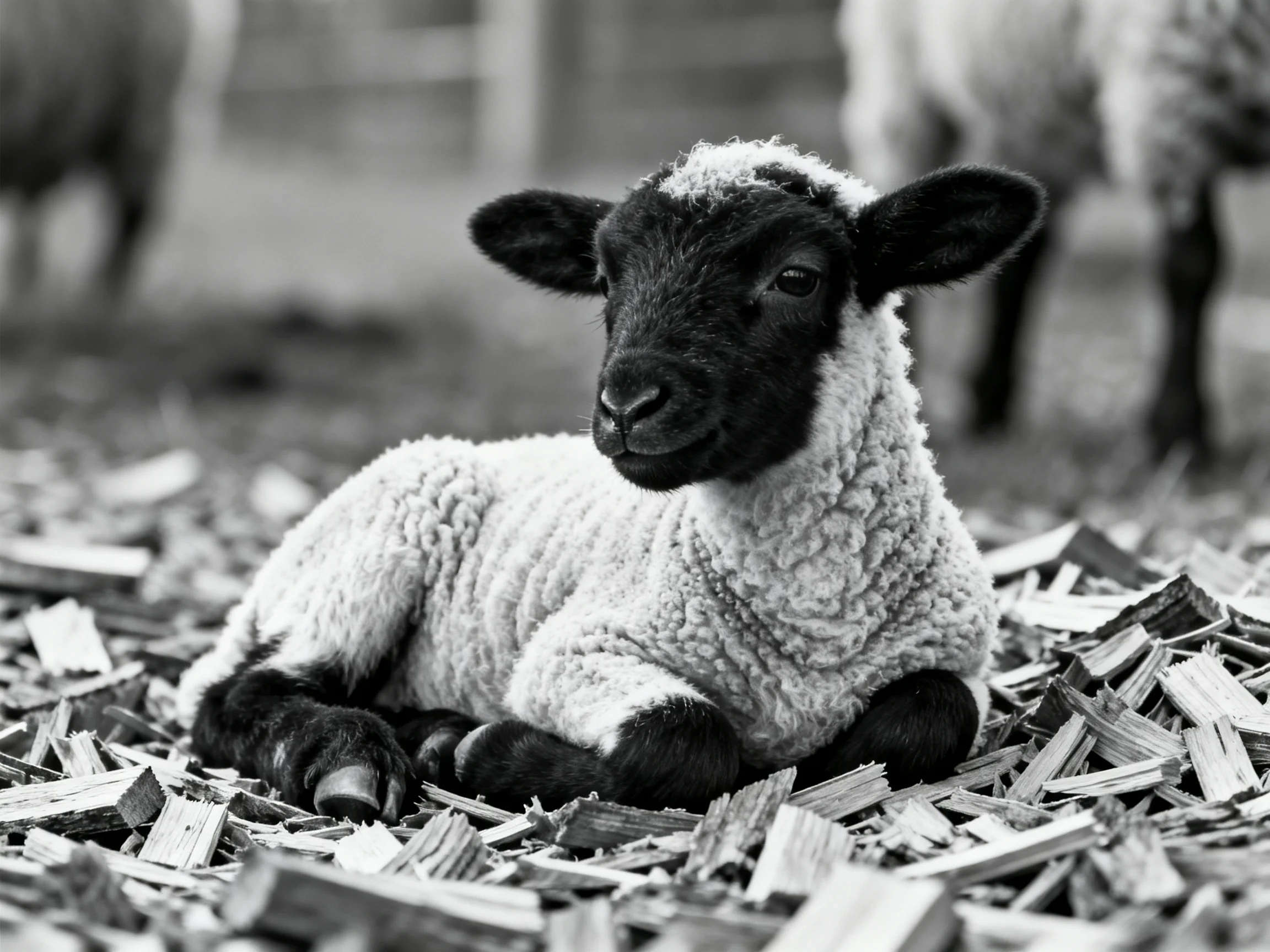 A black-faced lamb rests on wood chips in a farm setting