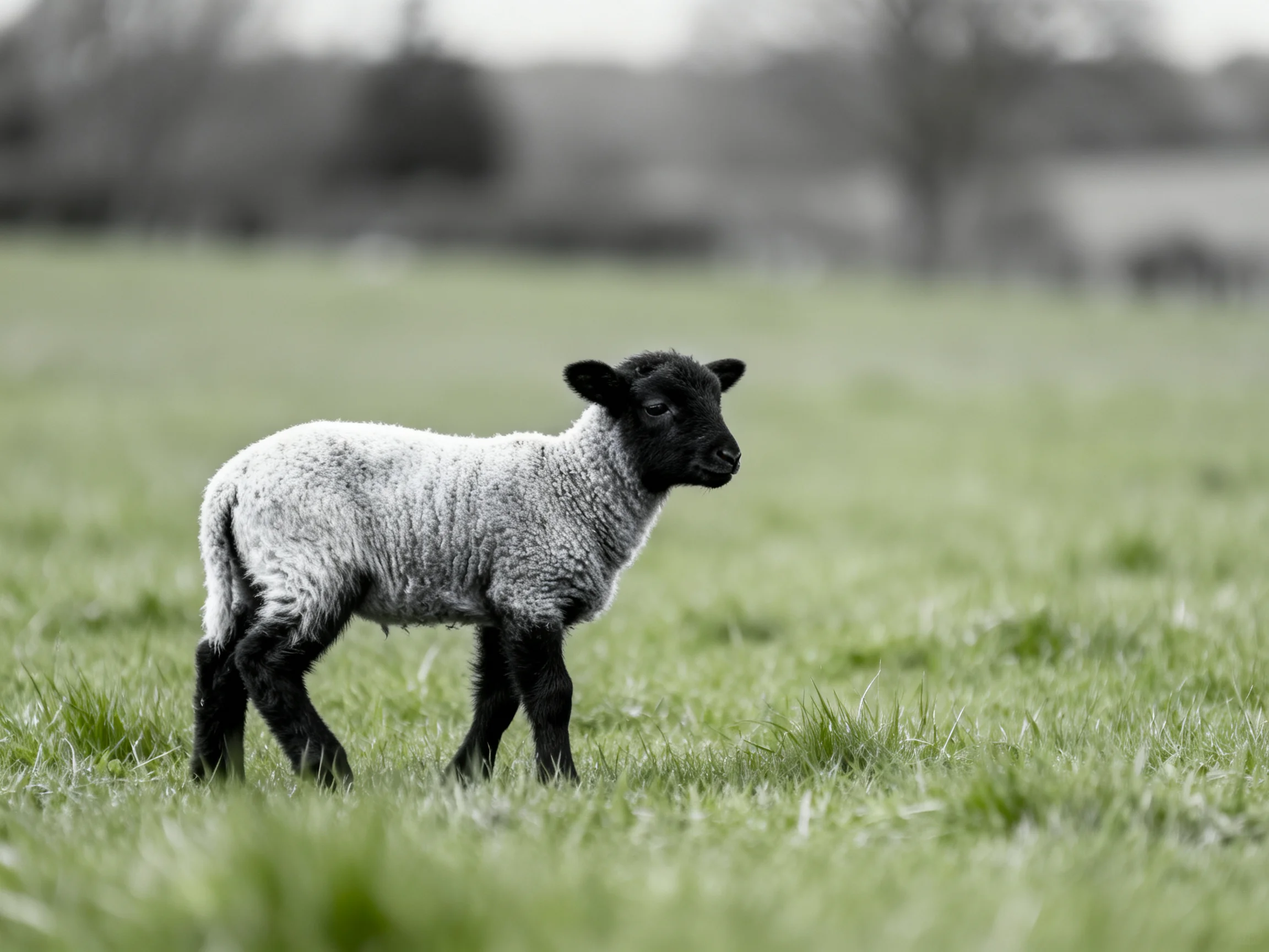 A black-faced lamb roams a lush green meadow