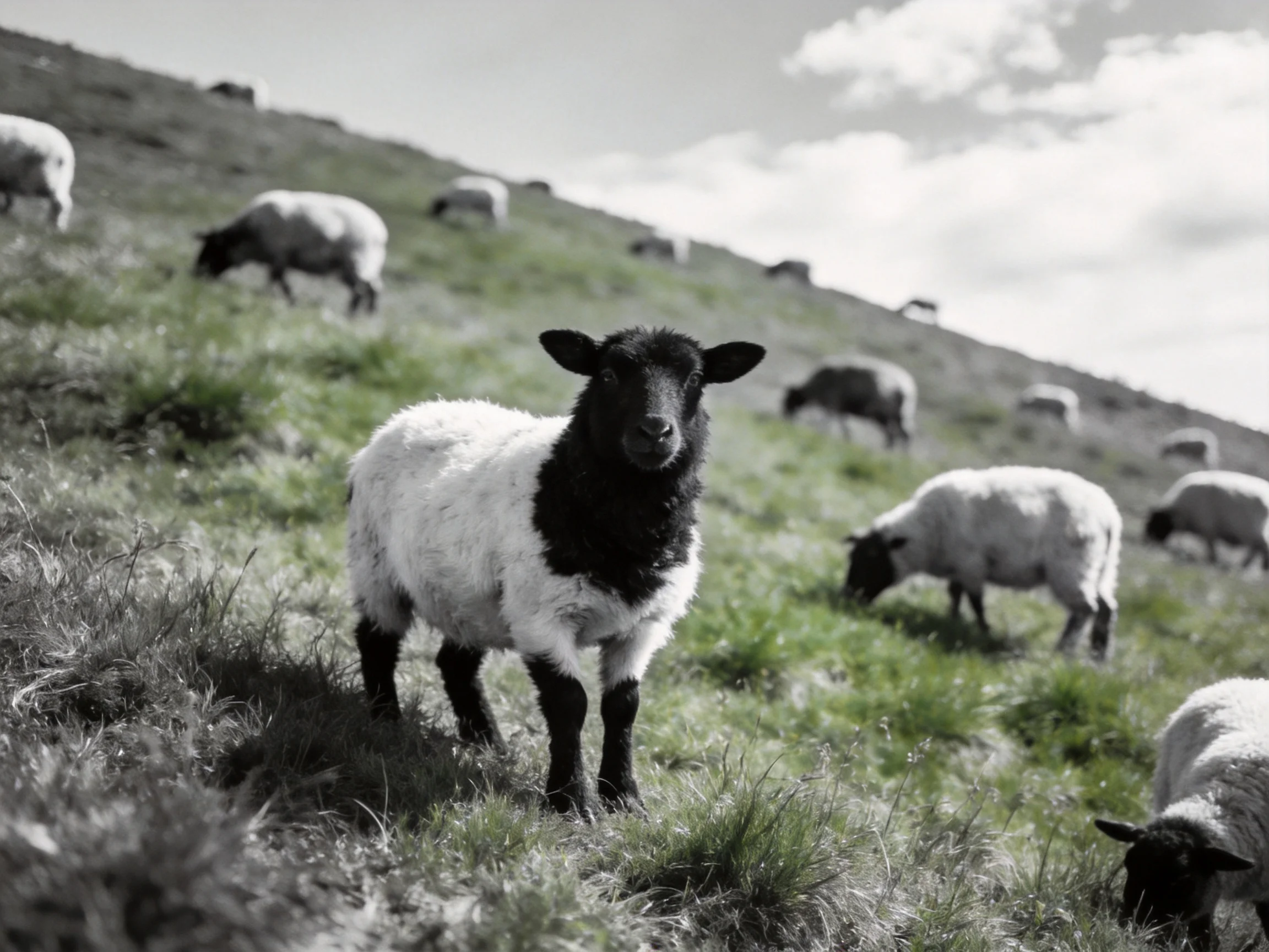 A black-faced lamb stands among grazing sheep on a grassy hillside