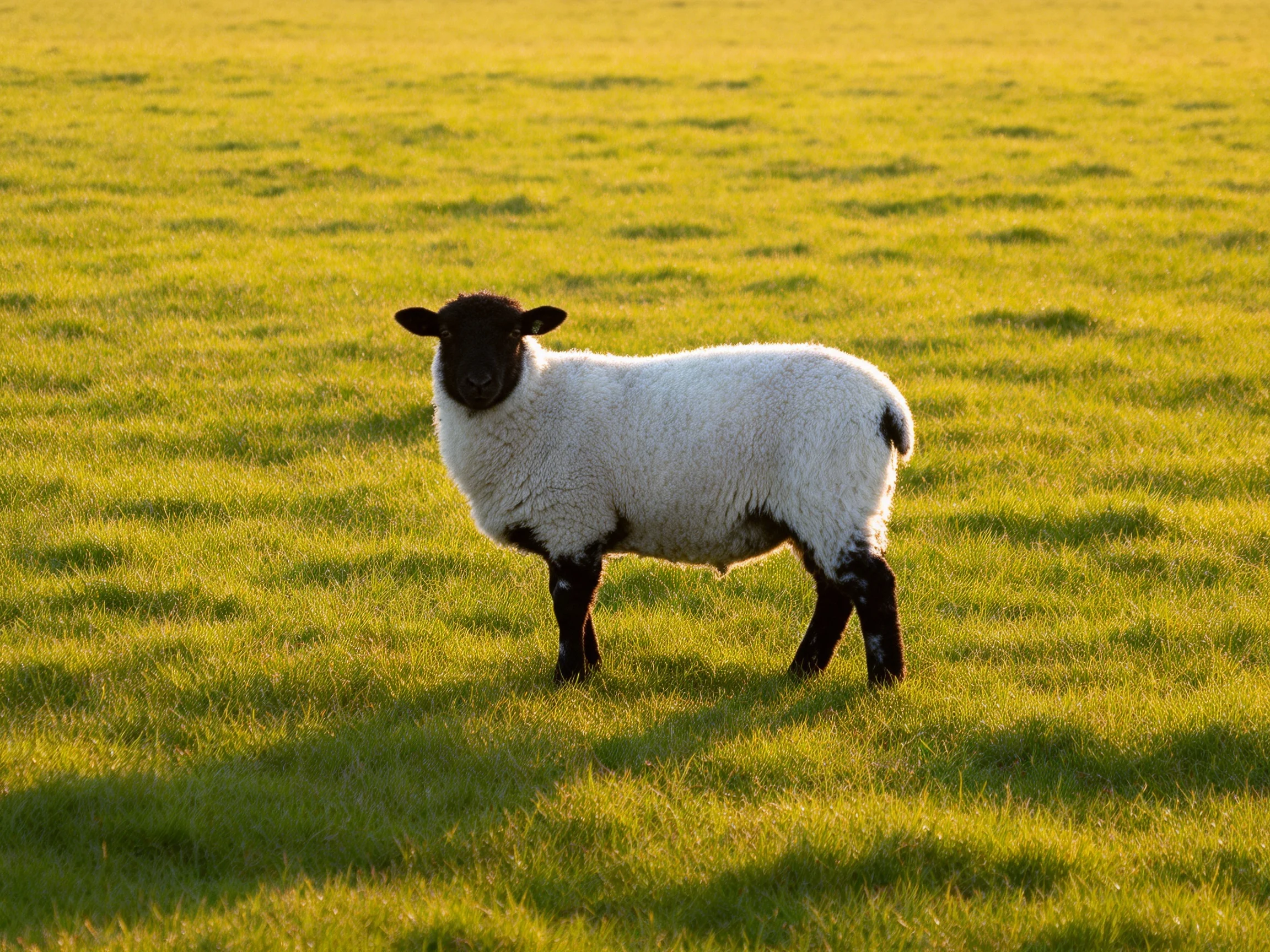 A black-faced lamb stands in a golden-green pasture