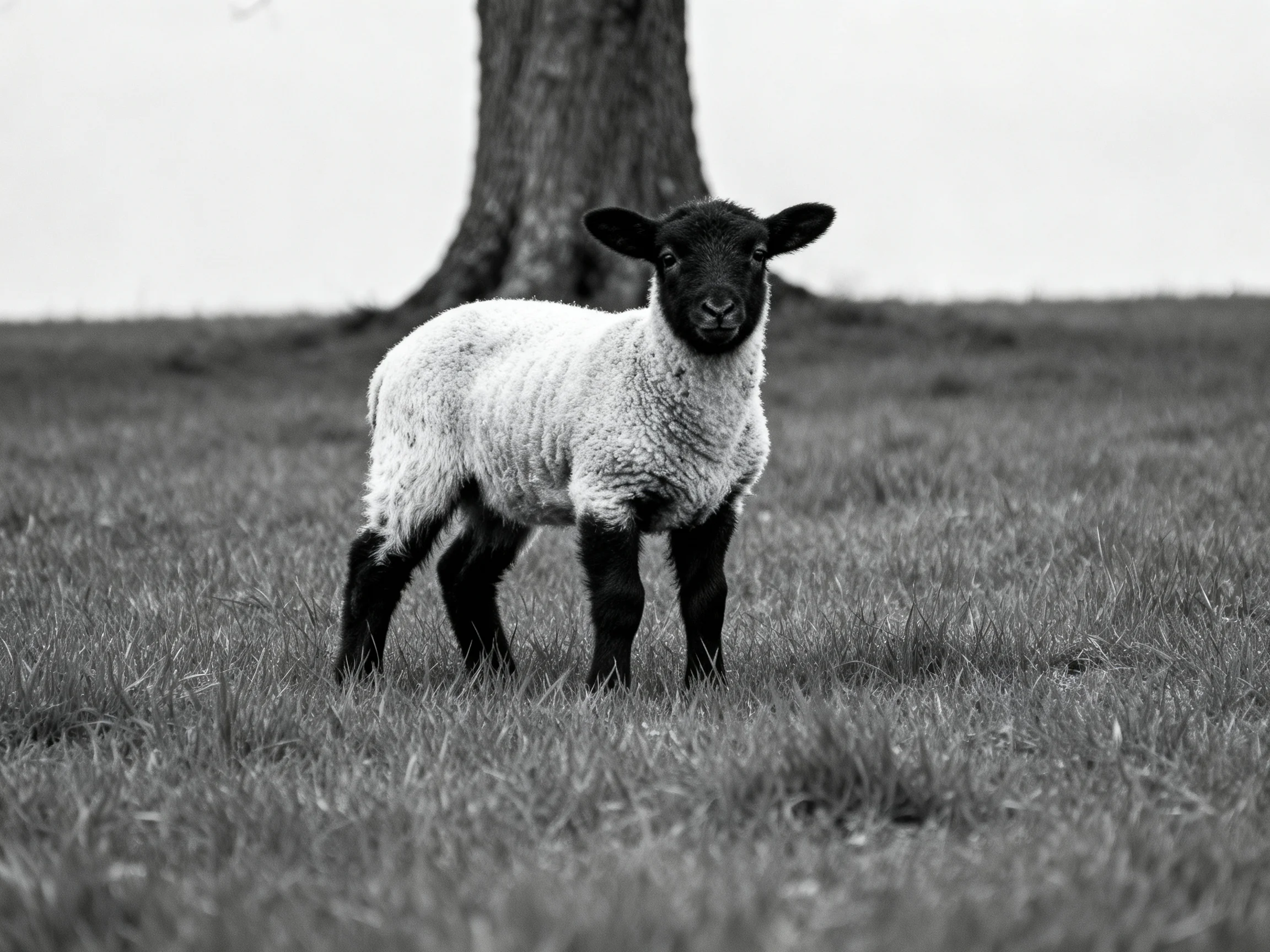 A black-faced lamb stands in a grassy field beside a large tree