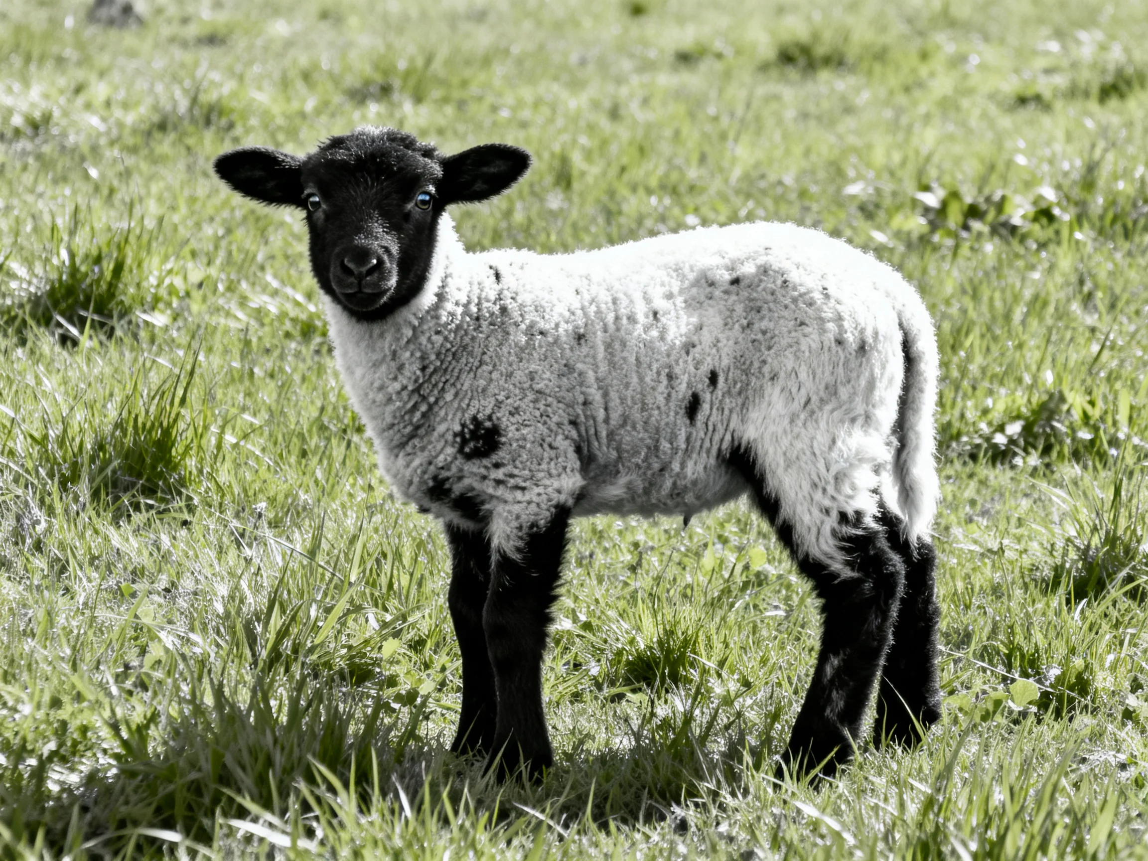 A black-faced lamb stands in lush green grass