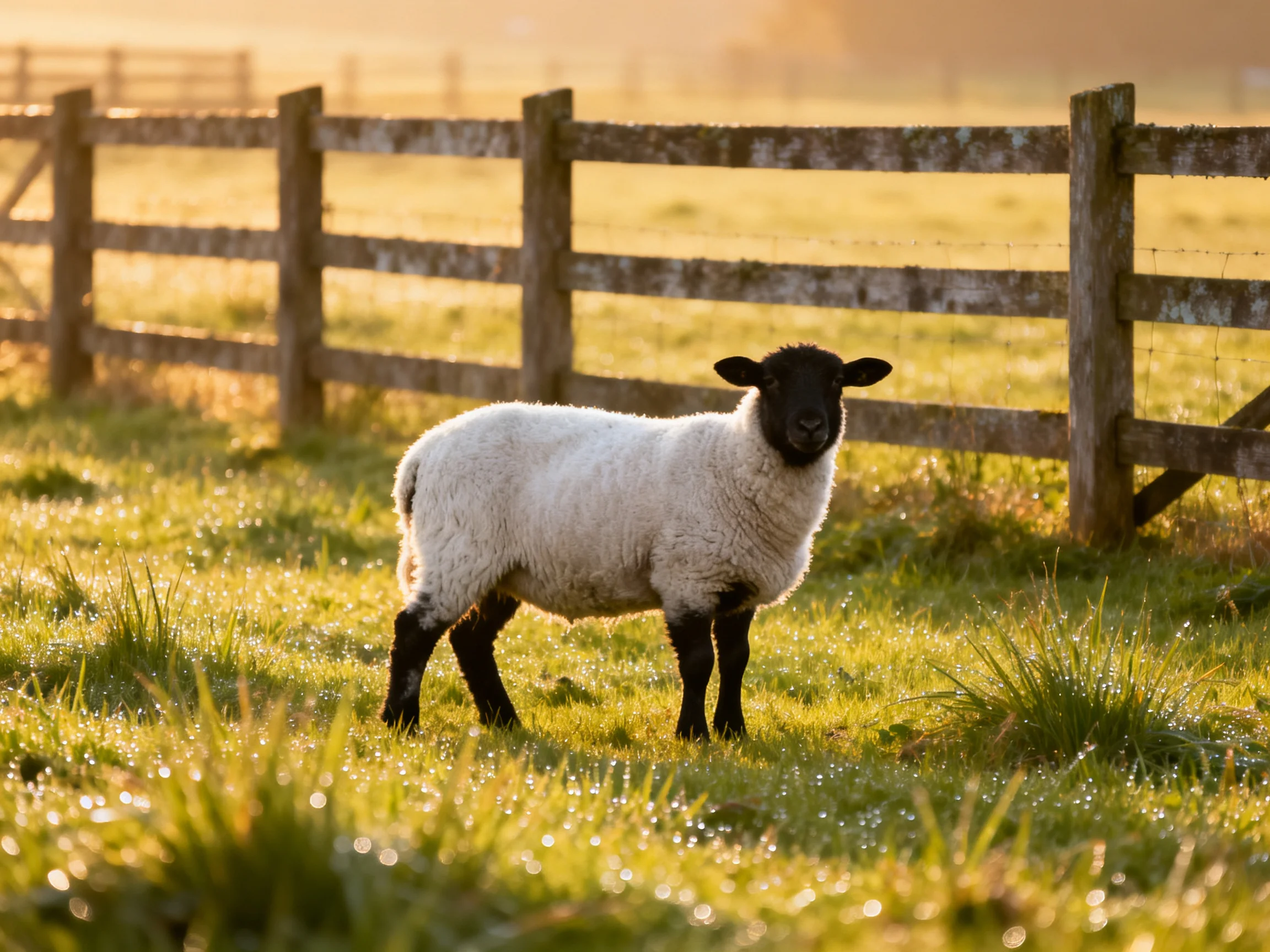 A black-faced lamb stands near an aged wooden fence in dewy green pasture