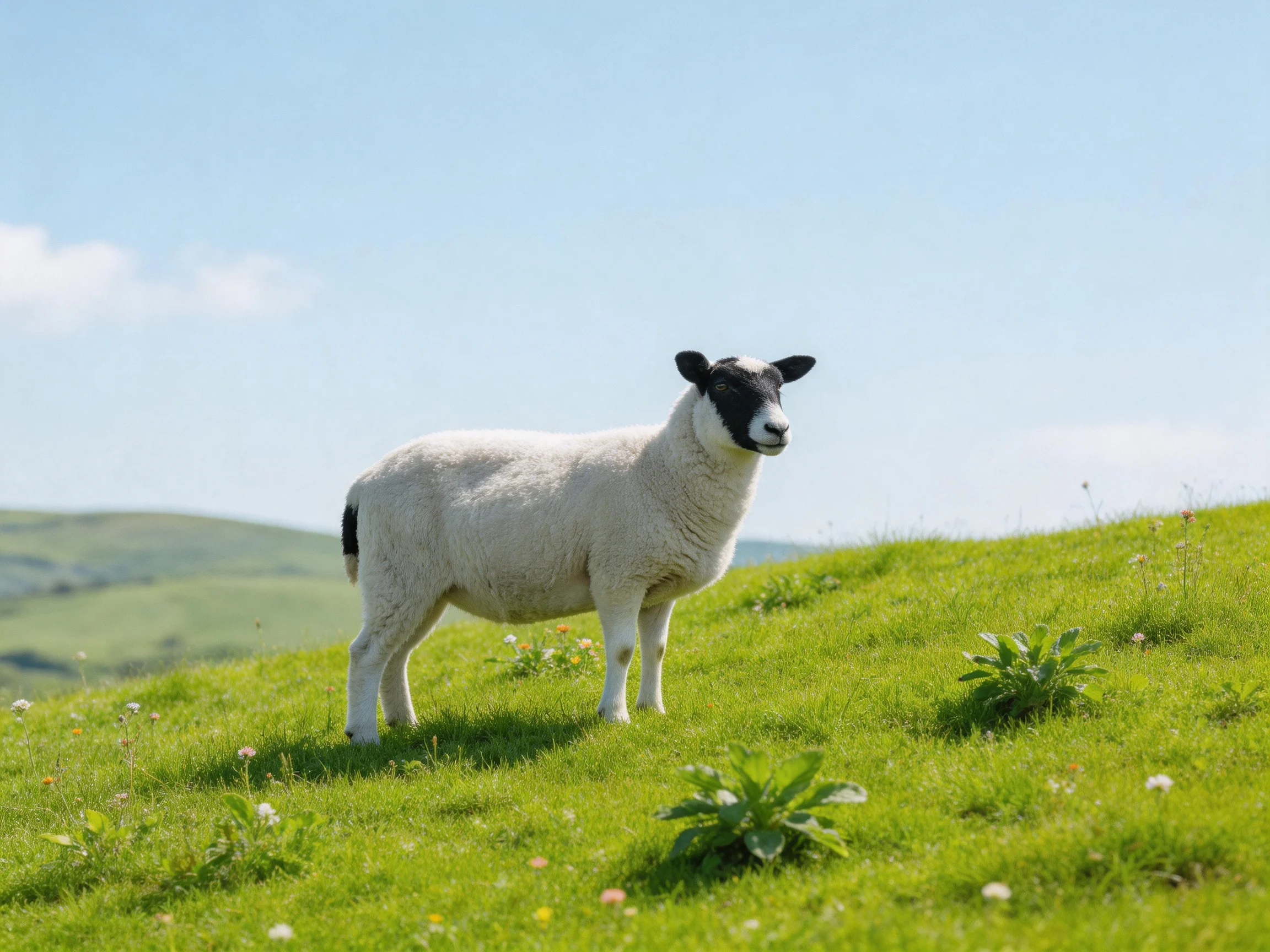 A black-faced lamb stands on a lush green hillside