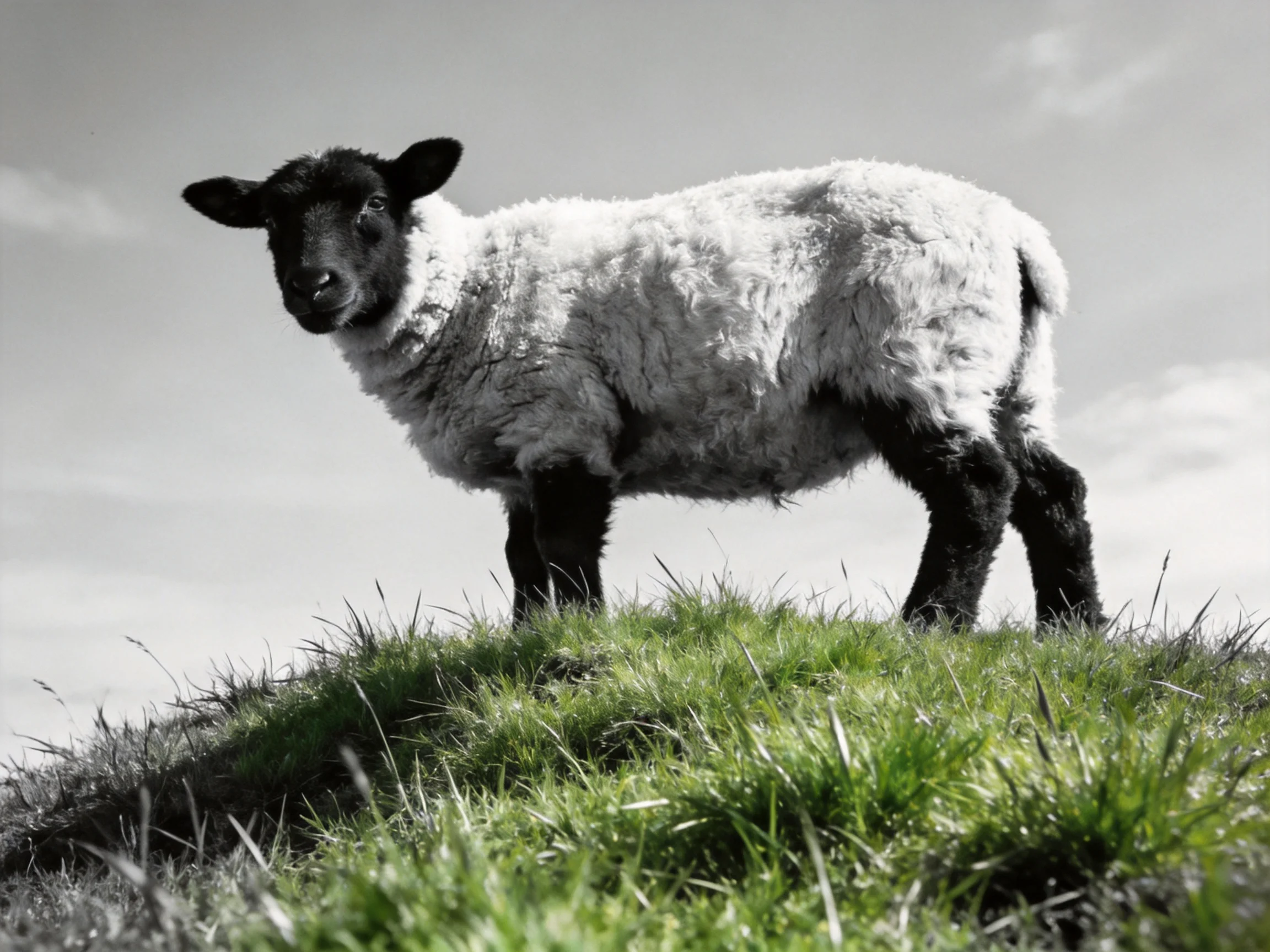 A black-faced lamb stands on lush green grass under a bright sky
