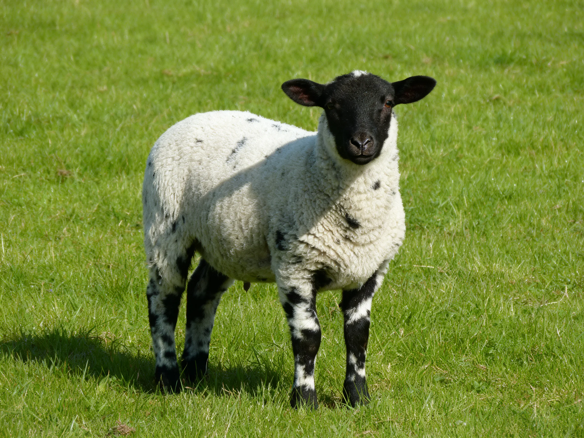 A black-faced lamb with spotted wool in a green pasture