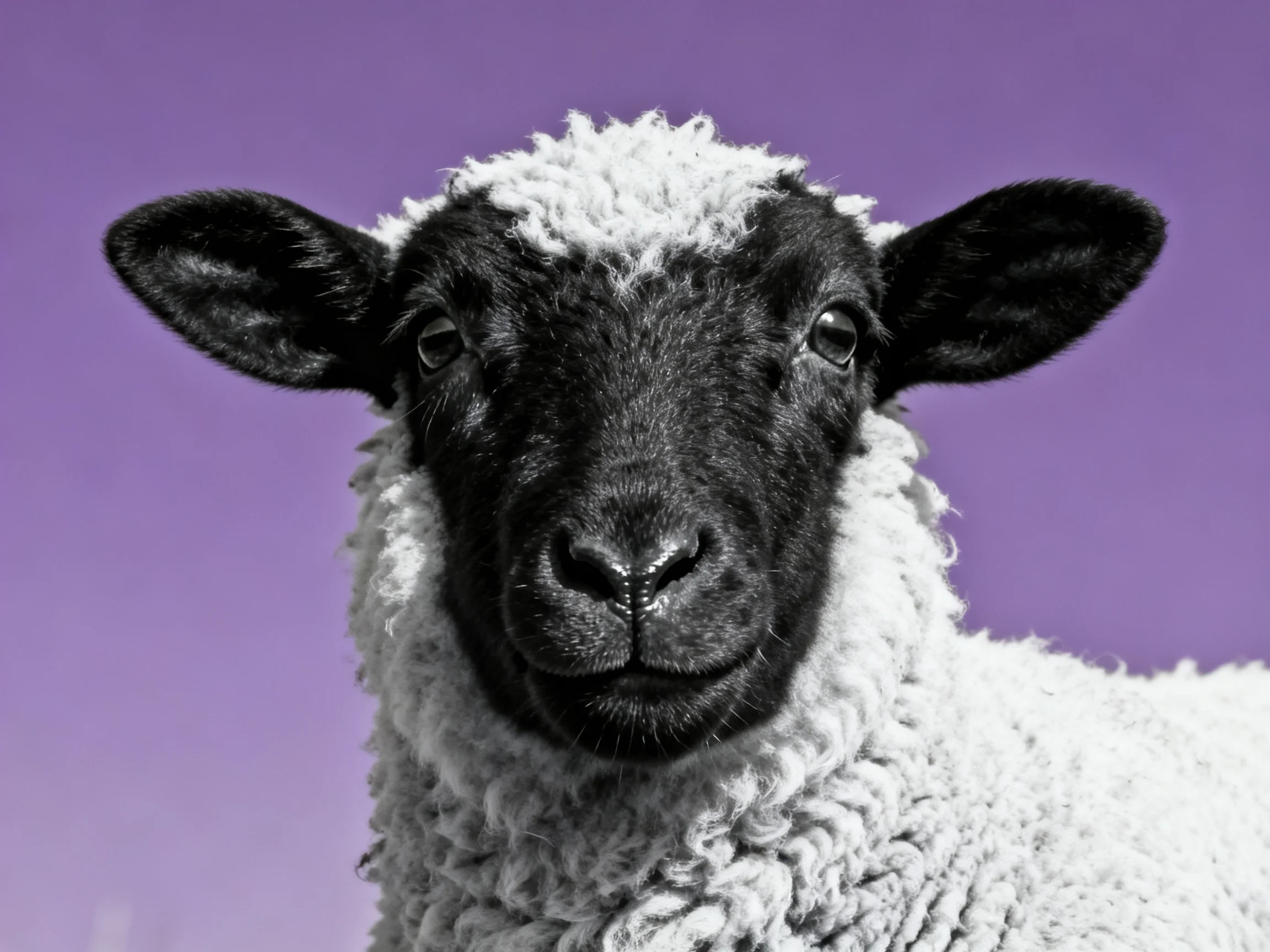 A black - faced lamb with thick white wool against a solid purple backdrop