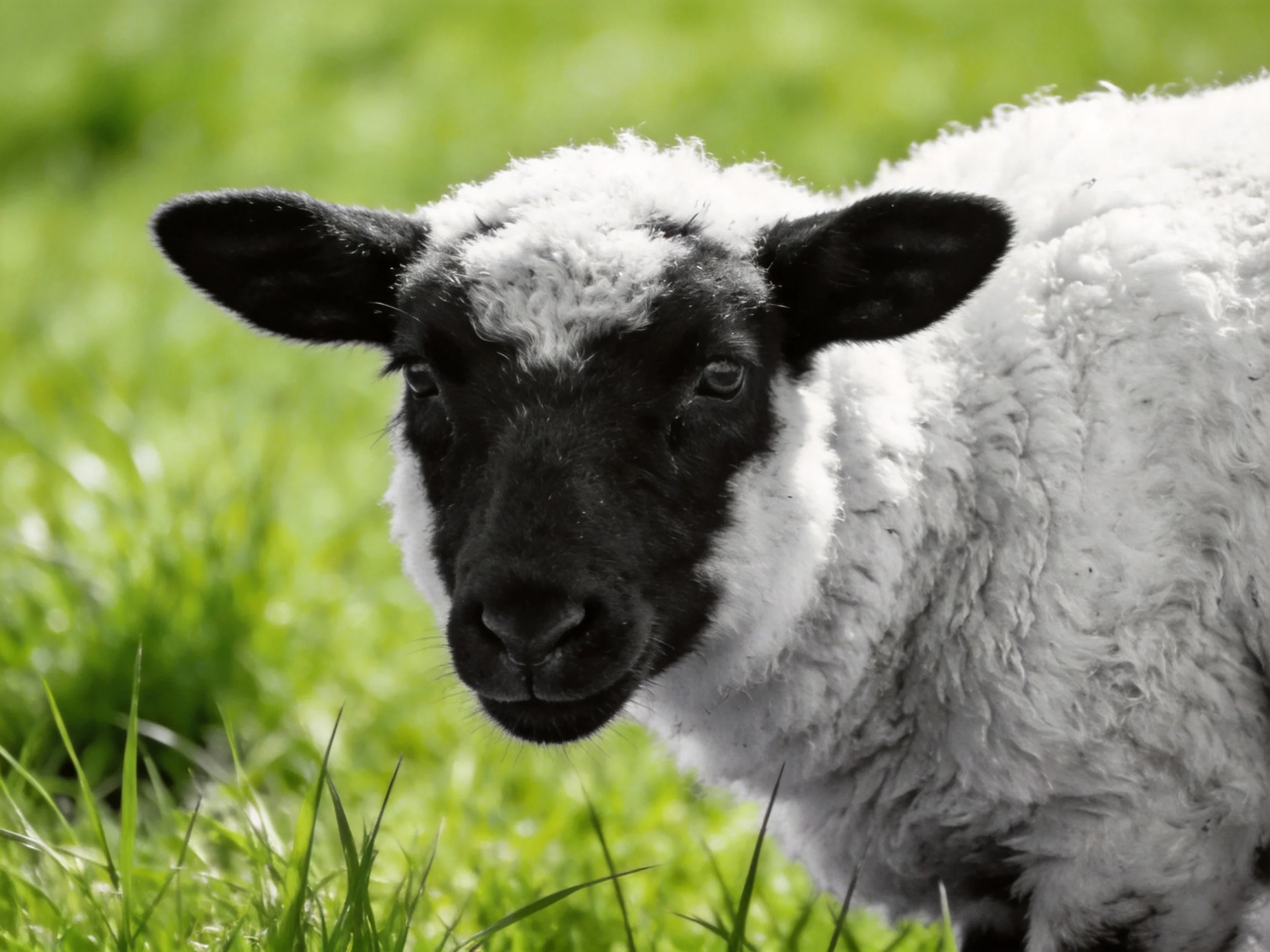 A black-faced lamb with thick white wool in green grass