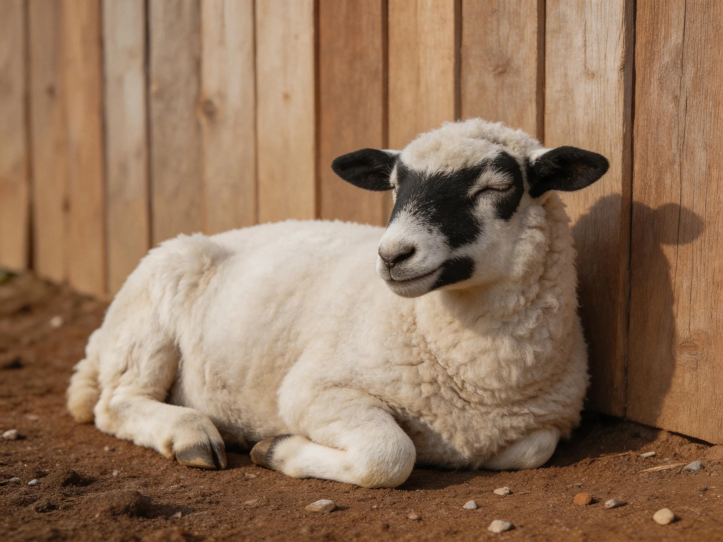 A black-faced lamb with white wool rests by a wooden fence